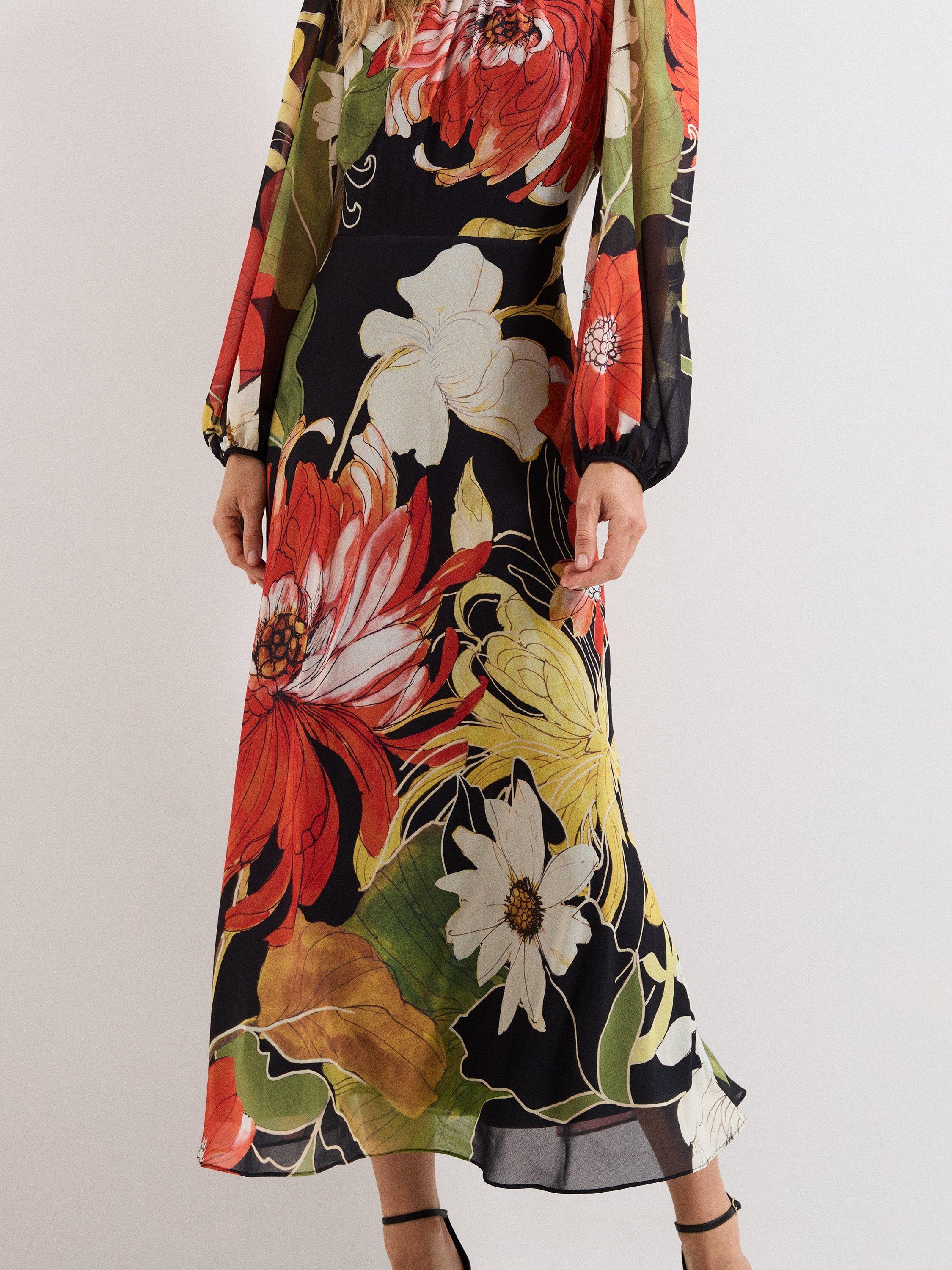 Product image 7 of 9, which shows Phase Eight Eve Floral Long Sleeve Dress, Multi, 6