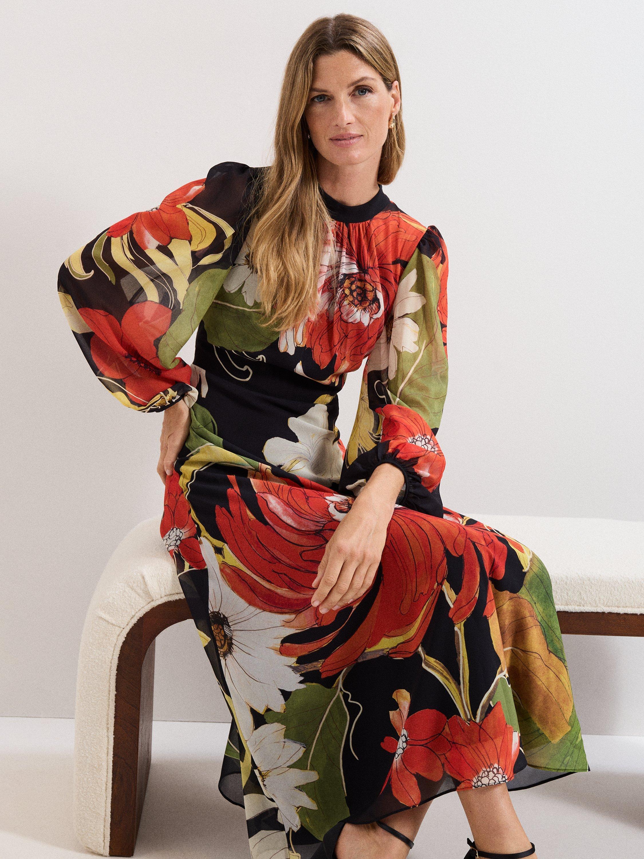 Product image 8 of 9, which shows Phase Eight Eve Floral Long Sleeve Dress, Multi, 6