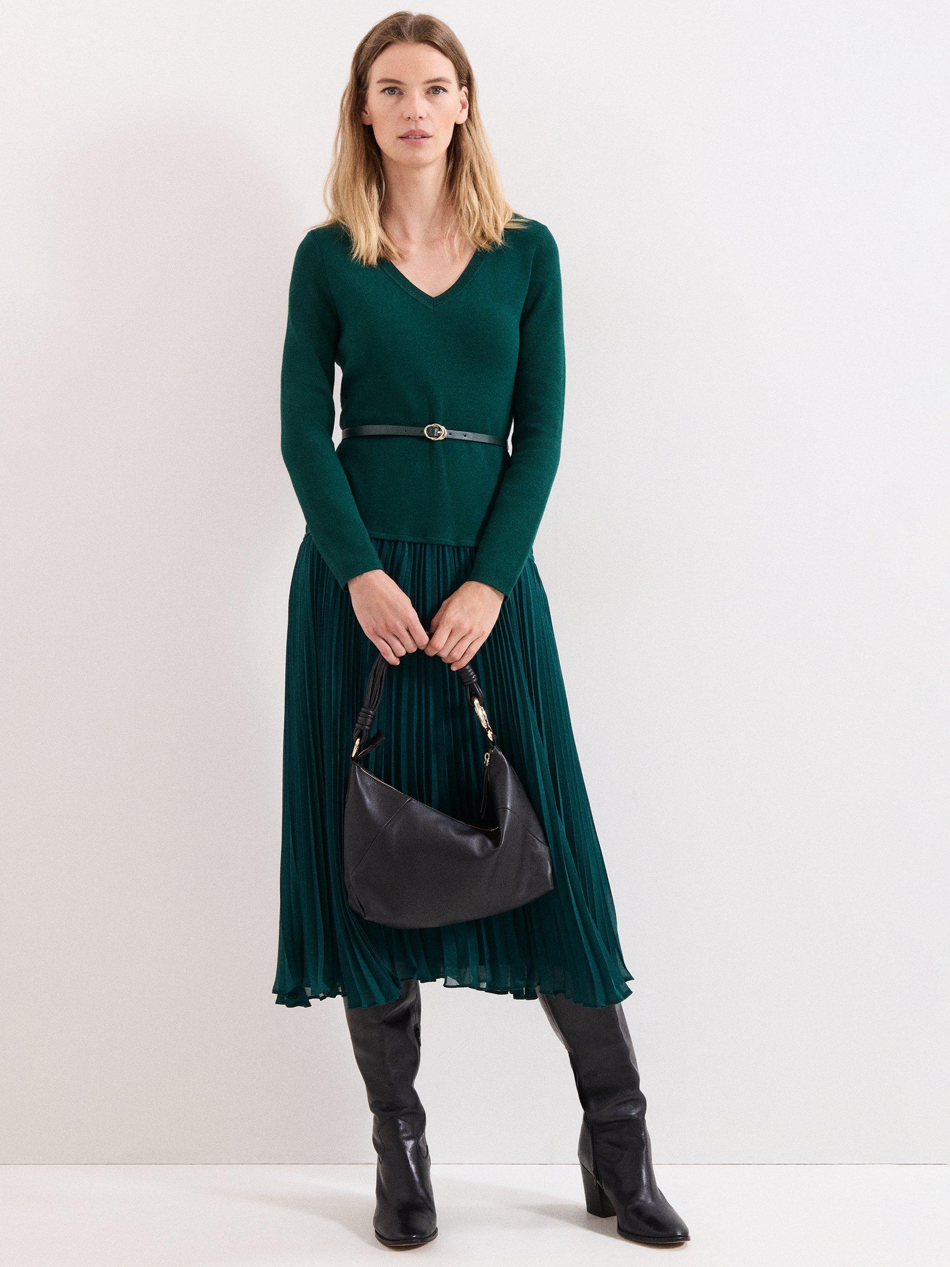Product image 1 of 9, which shows Phase Eight Kai Knitted Midi Dress, Green, 8