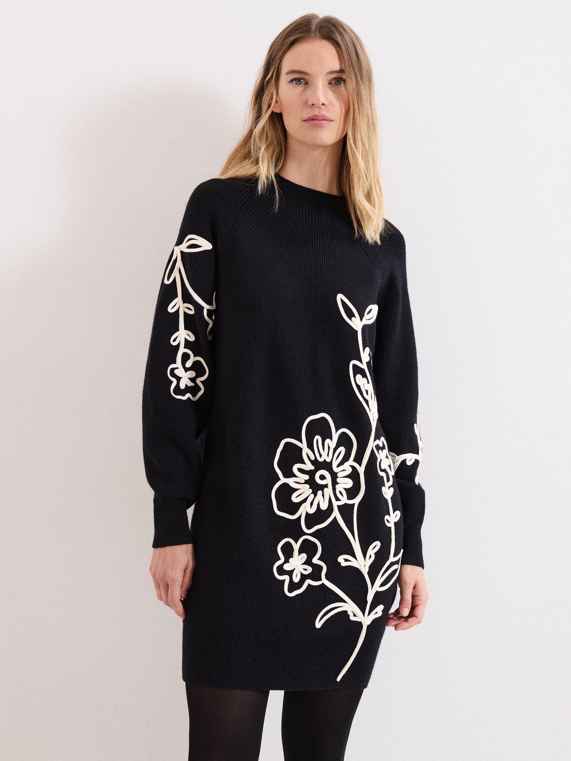 Product image 3 of 9, which shows Phase Eight Rosa Floral Jumper Dress, Black/Ivory, 8