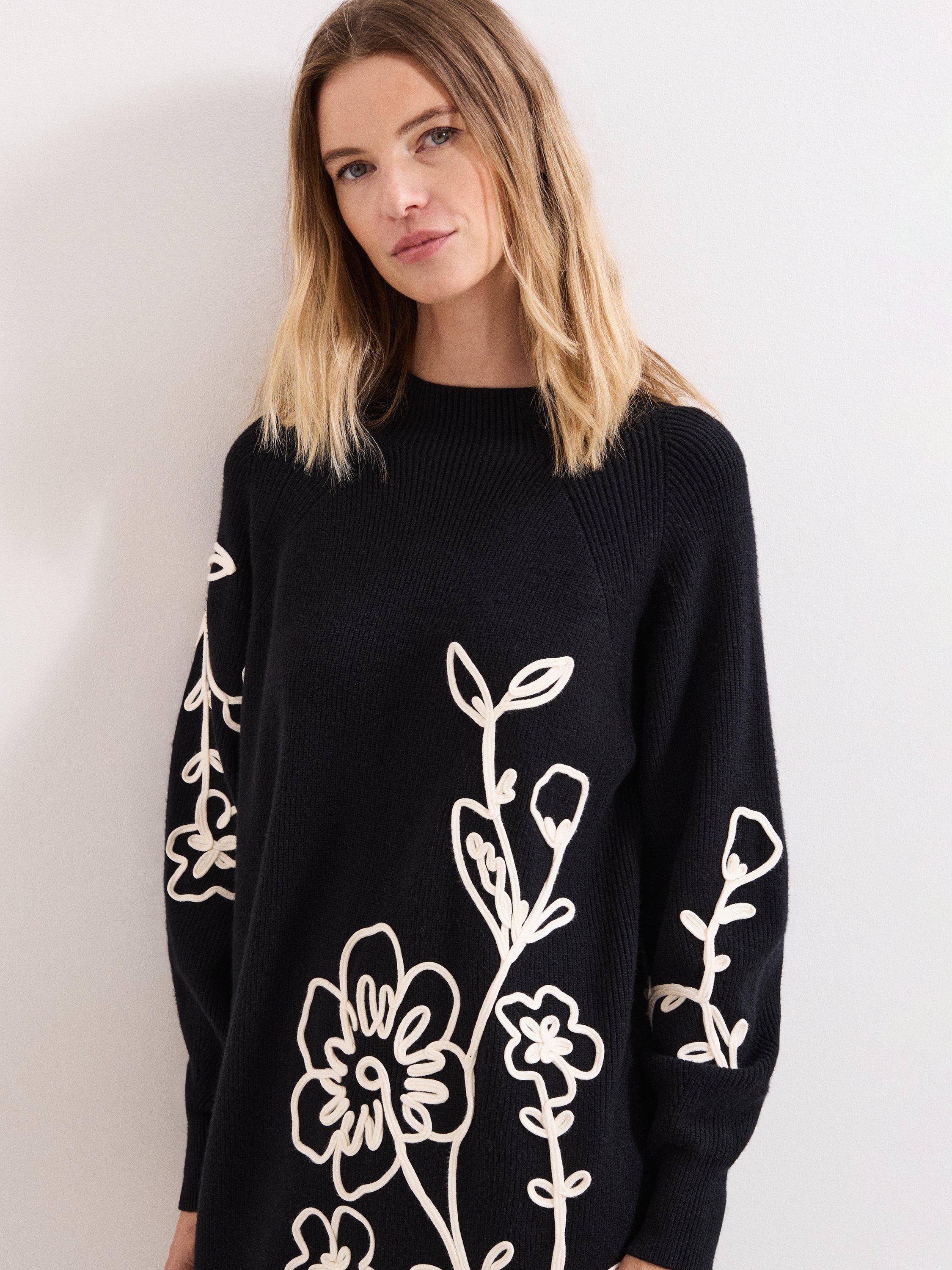 Product image 4 of 9, which shows Phase Eight Rosa Floral Jumper Dress, Black/Ivory, 8