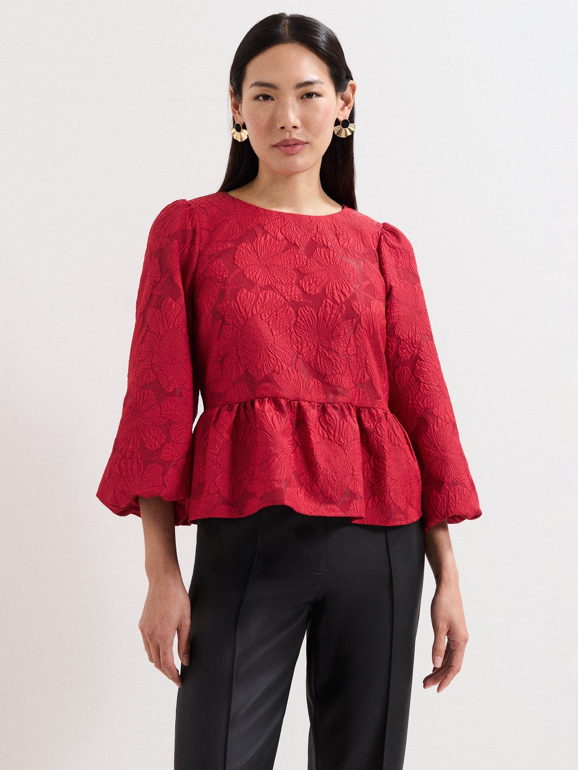 Product image 1 of 9, which shows Phase Eight Ellis Floral Peplum Hem Top, Dark Red, 10