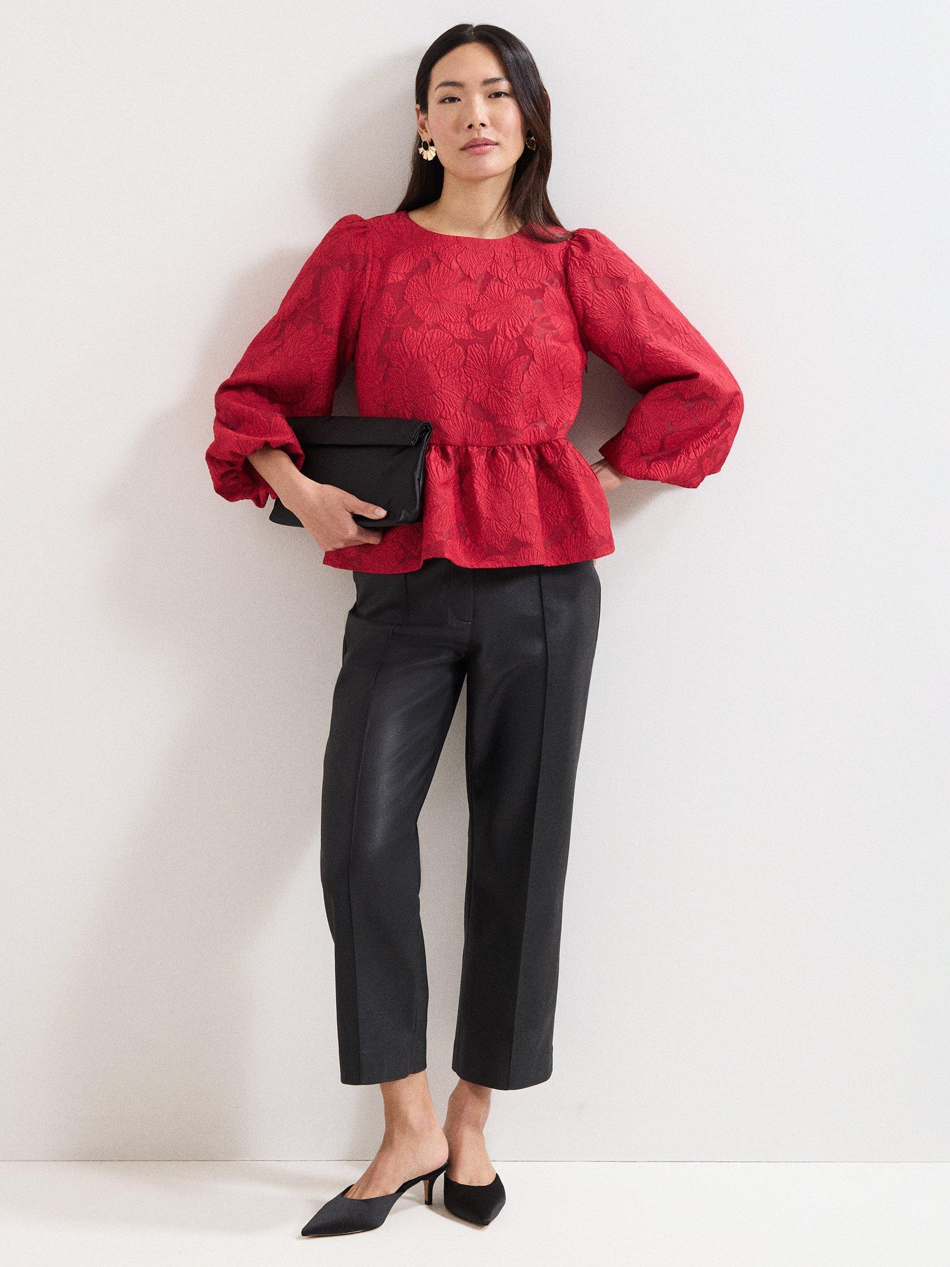 Product image 3 of 9, which shows Phase Eight Ellis Floral Peplum Hem Top, Dark Red, 10