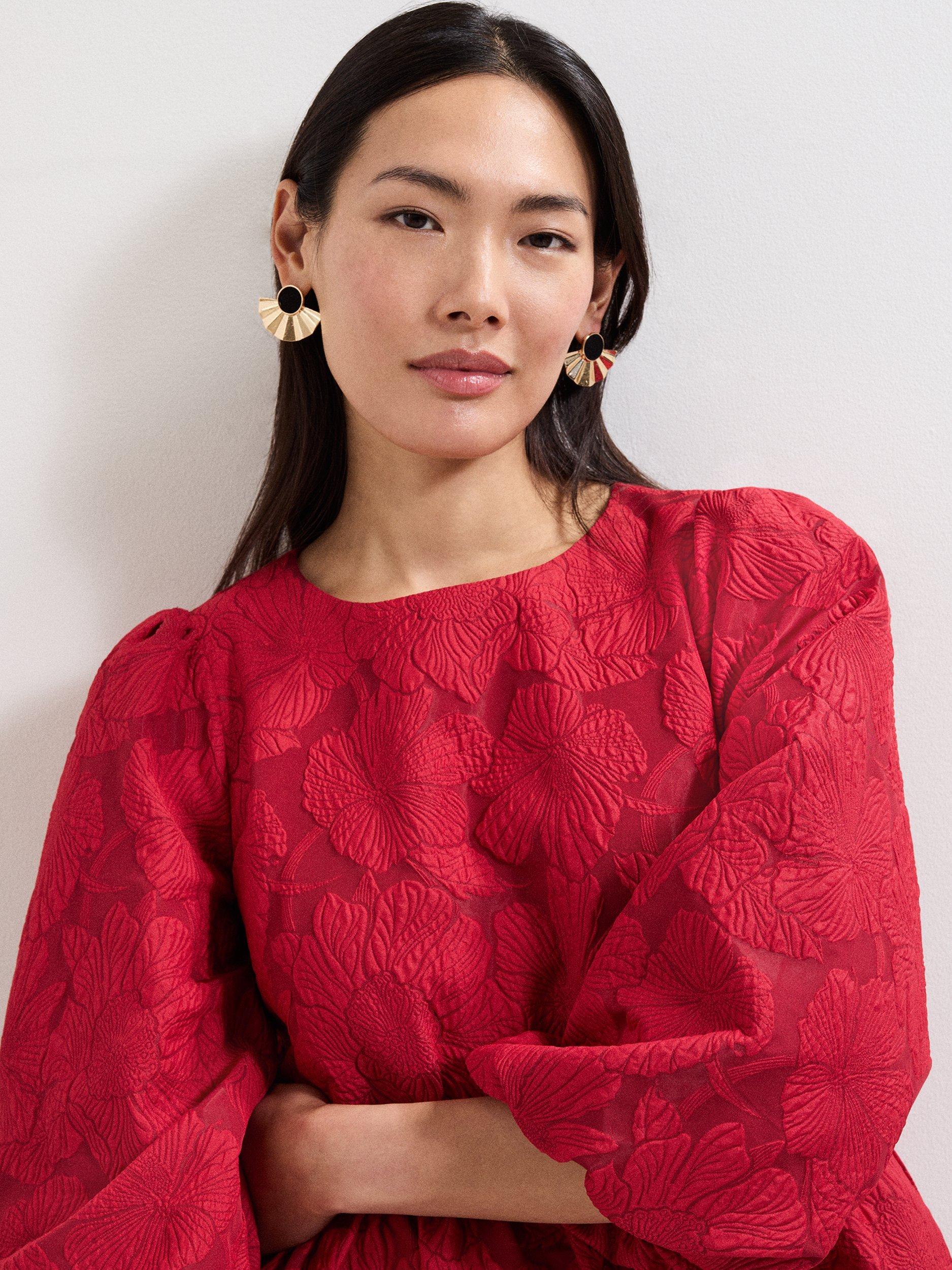 Product image 4 of 9, which shows Phase Eight Ellis Floral Peplum Hem Top, Dark Red, 10