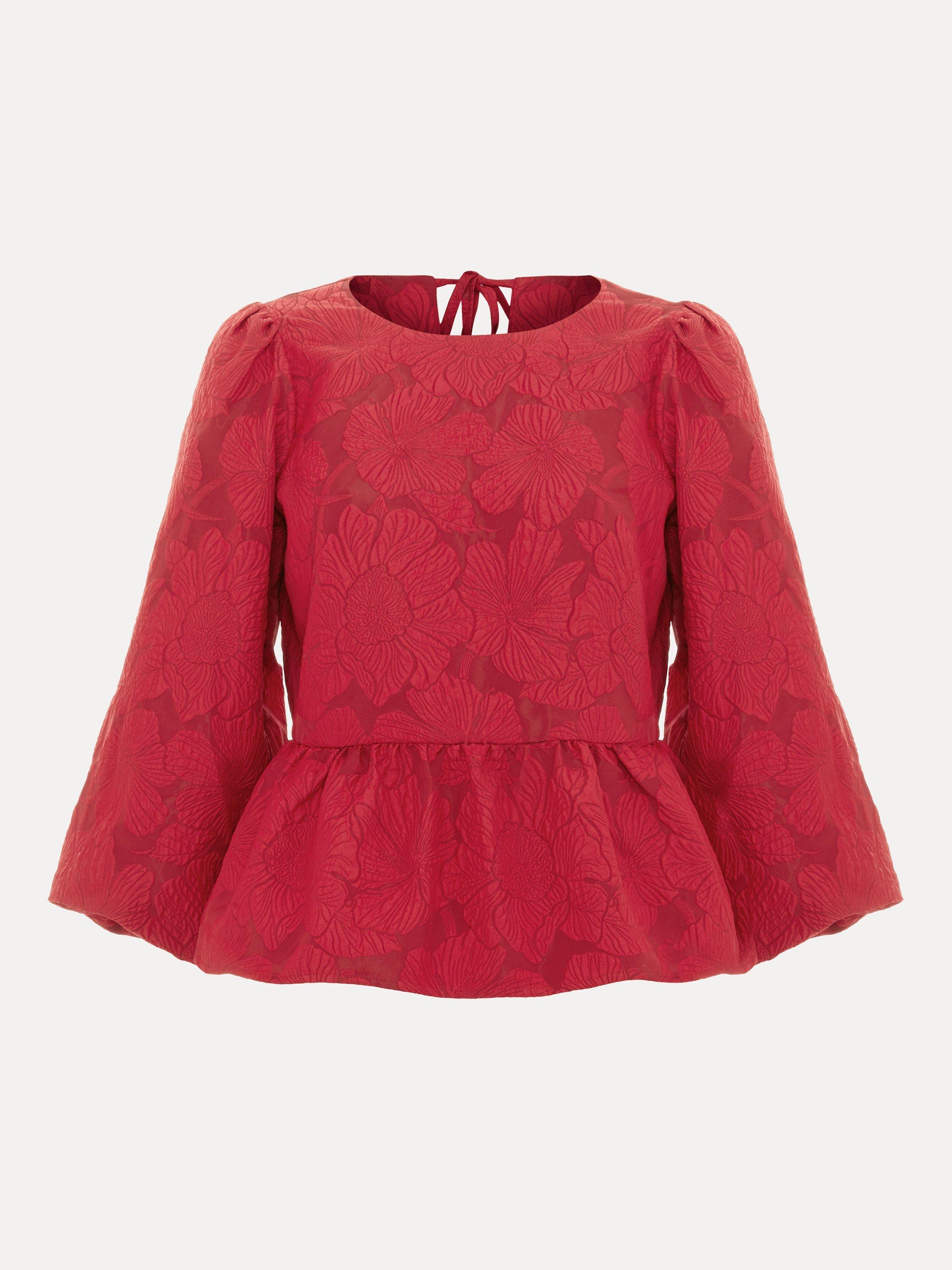 Product image 5 of 9, which shows Phase Eight Ellis Floral Peplum Hem Top, Dark Red, 10