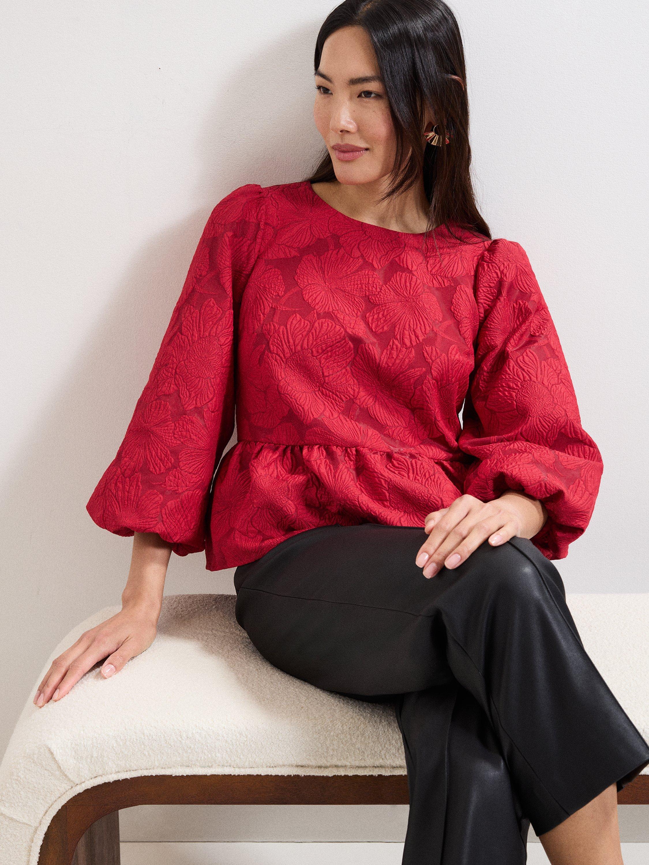 Product image 8 of 9, which shows Phase Eight Ellis Floral Peplum Hem Top, Dark Red, 10