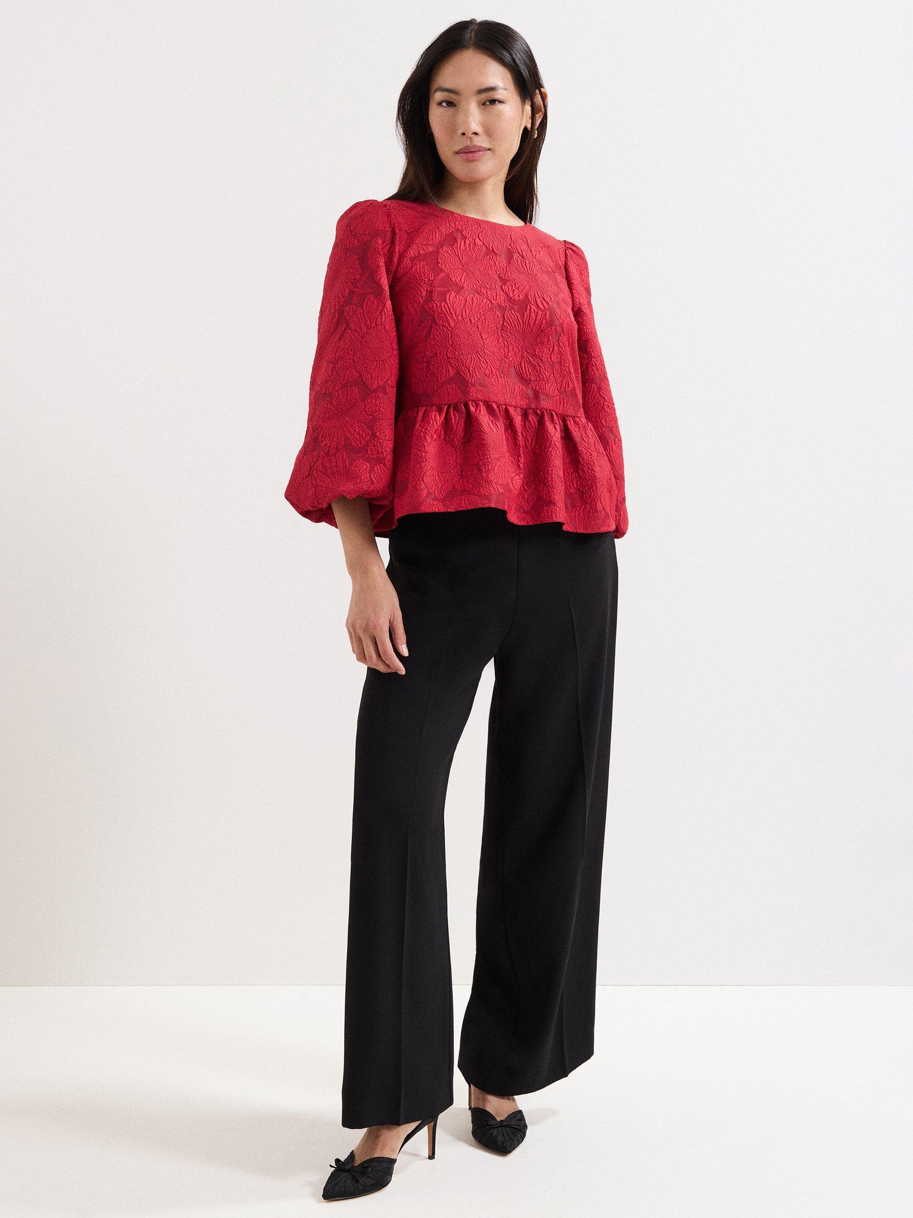 Product image 9 of 9, which shows Phase Eight Ellis Floral Peplum Hem Top, Dark Red, 10