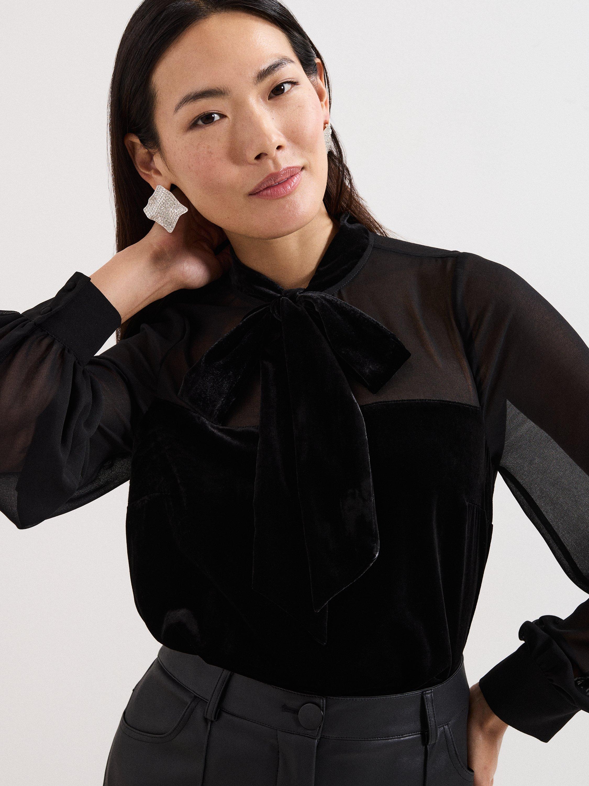 Product image 4 of 7, which shows Phase Eight Raye Pussybow Neck Blouse, Black, 8