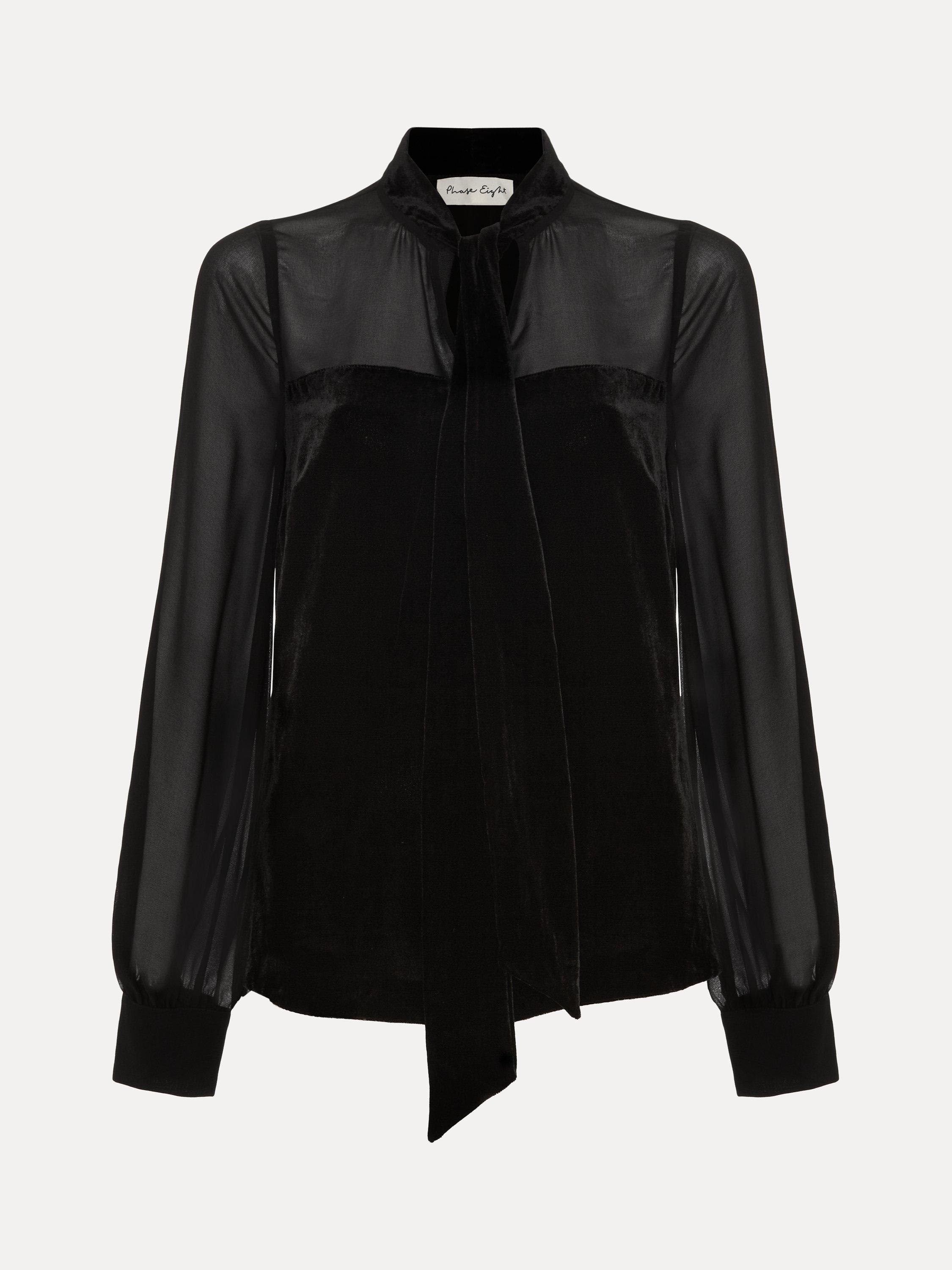 Product image 5 of 7, which shows Phase Eight Raye Pussybow Neck Blouse, Black, 8