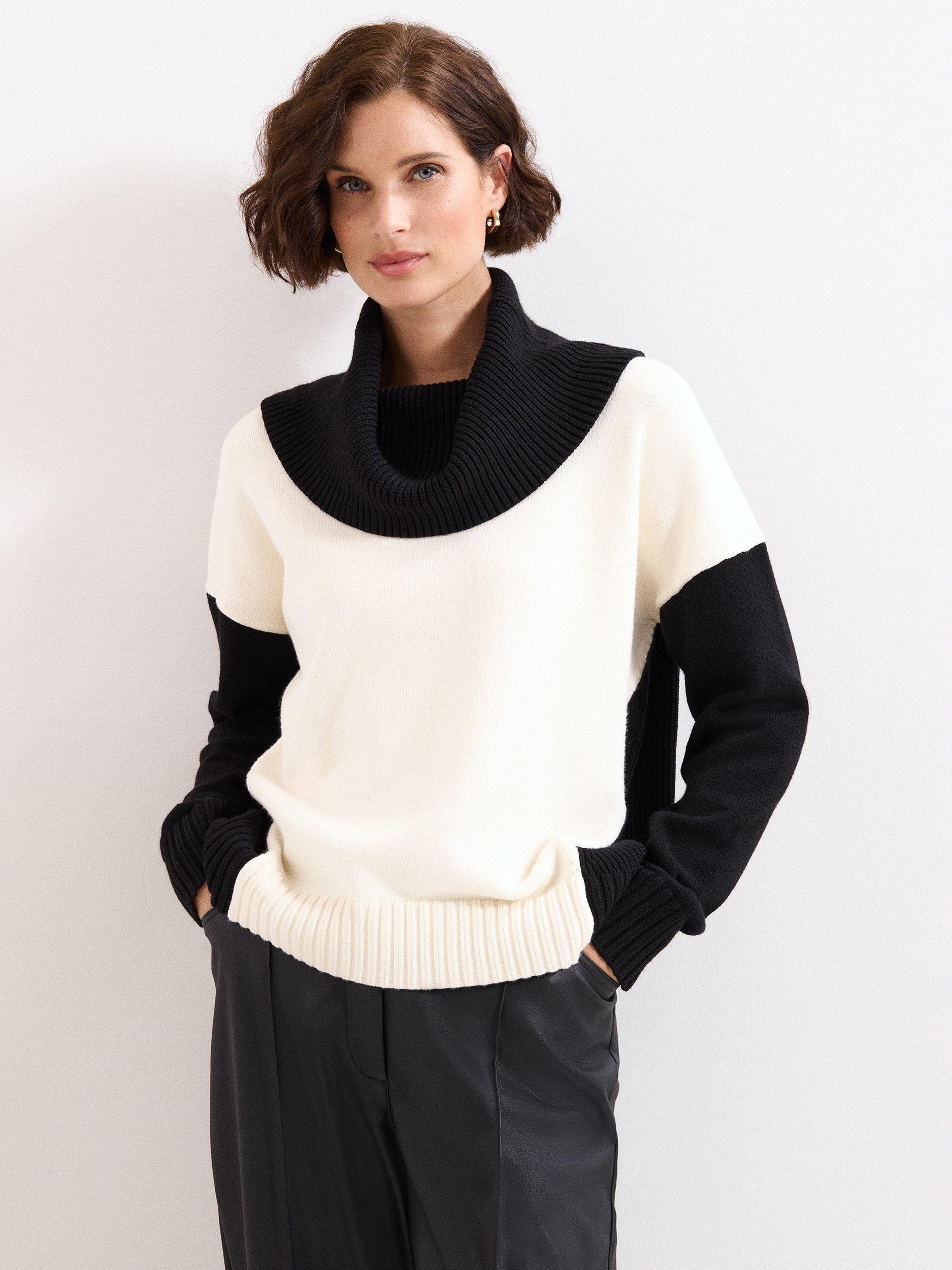 Product image 1 of 8, which shows Phase Eight Dara Colour Block Jumper, Black/Ivory, M