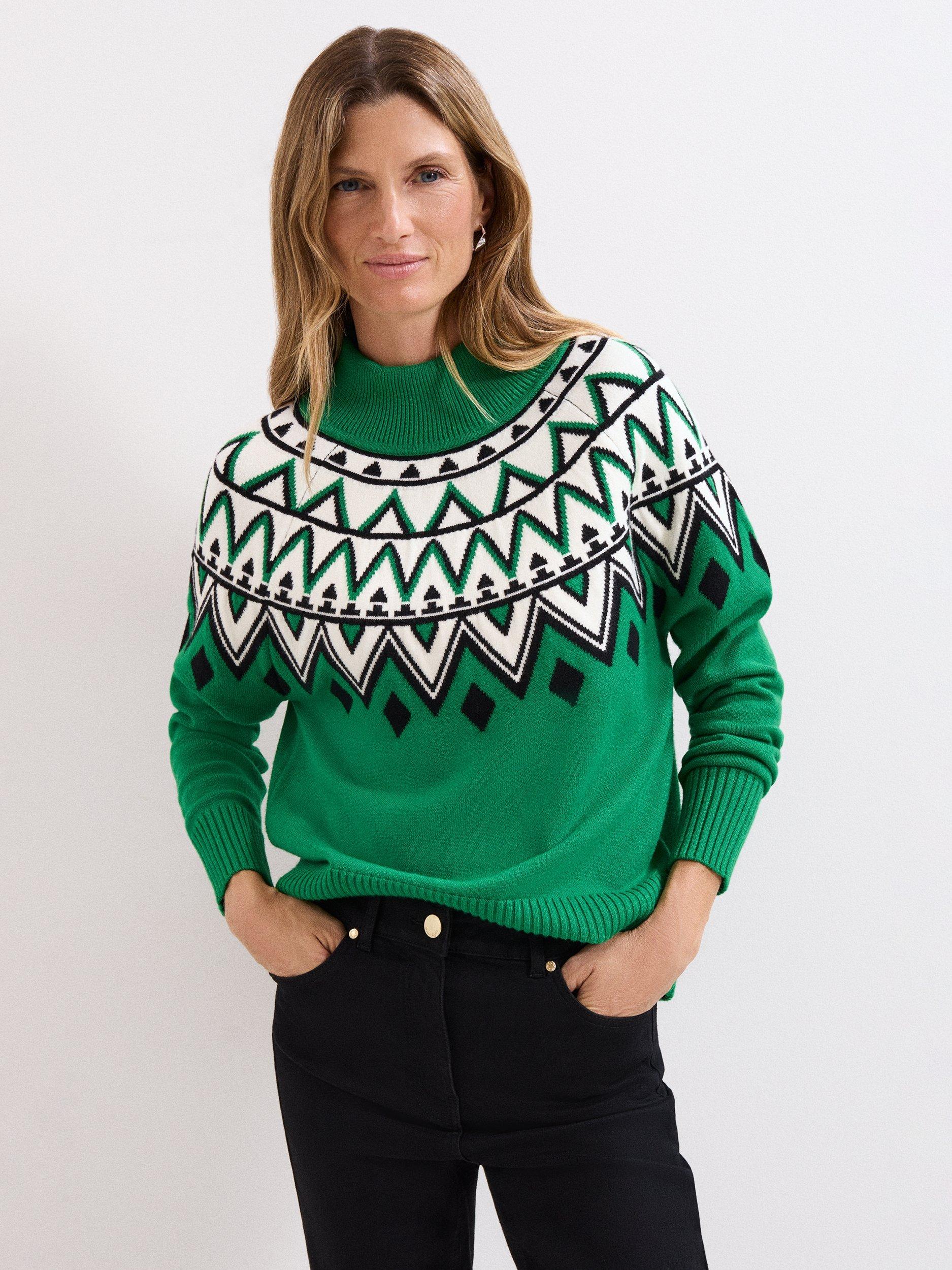 Product image 1 of 9, which shows Phase Eight Karla Fair Isle Jumper, Green, M