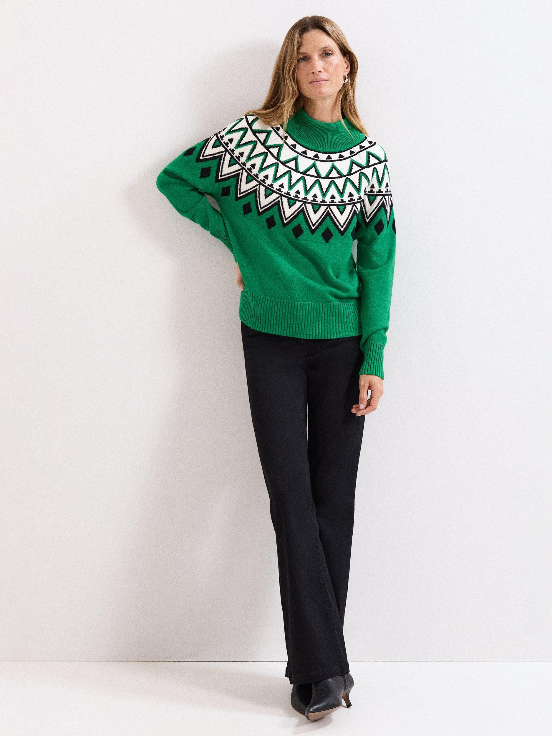 Product image 3 of 9, which shows Phase Eight Karla Fair Isle Jumper, Green, M