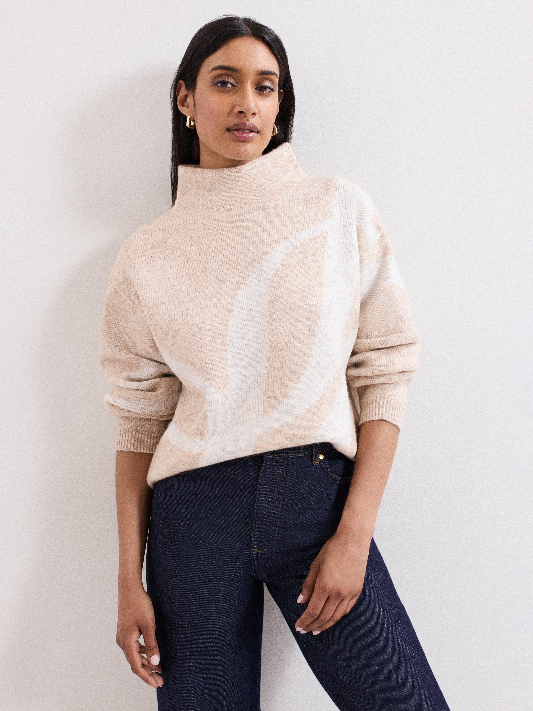 Product image 1 of 8, which shows Phase Eight Stephanie Wool Blend Funnel Neck Jumper, Natural, XS