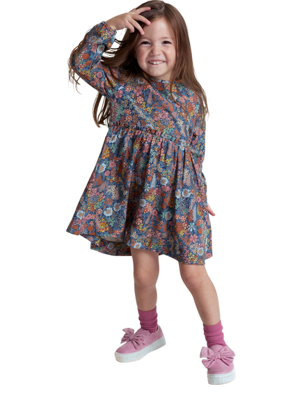 Polarn O. Pyret x Liberty Kids' Floral Long Sleeve Dress, Bijou Blue