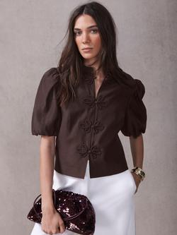 Mint Velvet Tie Front Puff Sleeve Top - view 2, Red Burgundy