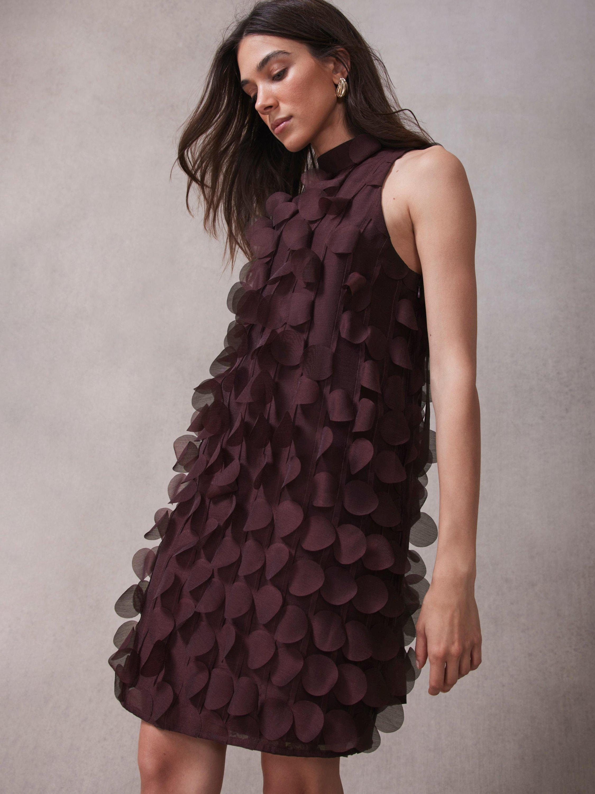 Product image 2 of 8, which shows Mint Velvet Applique Shift Sleeveless Textured Mini Dress, Red Burgundy, 6