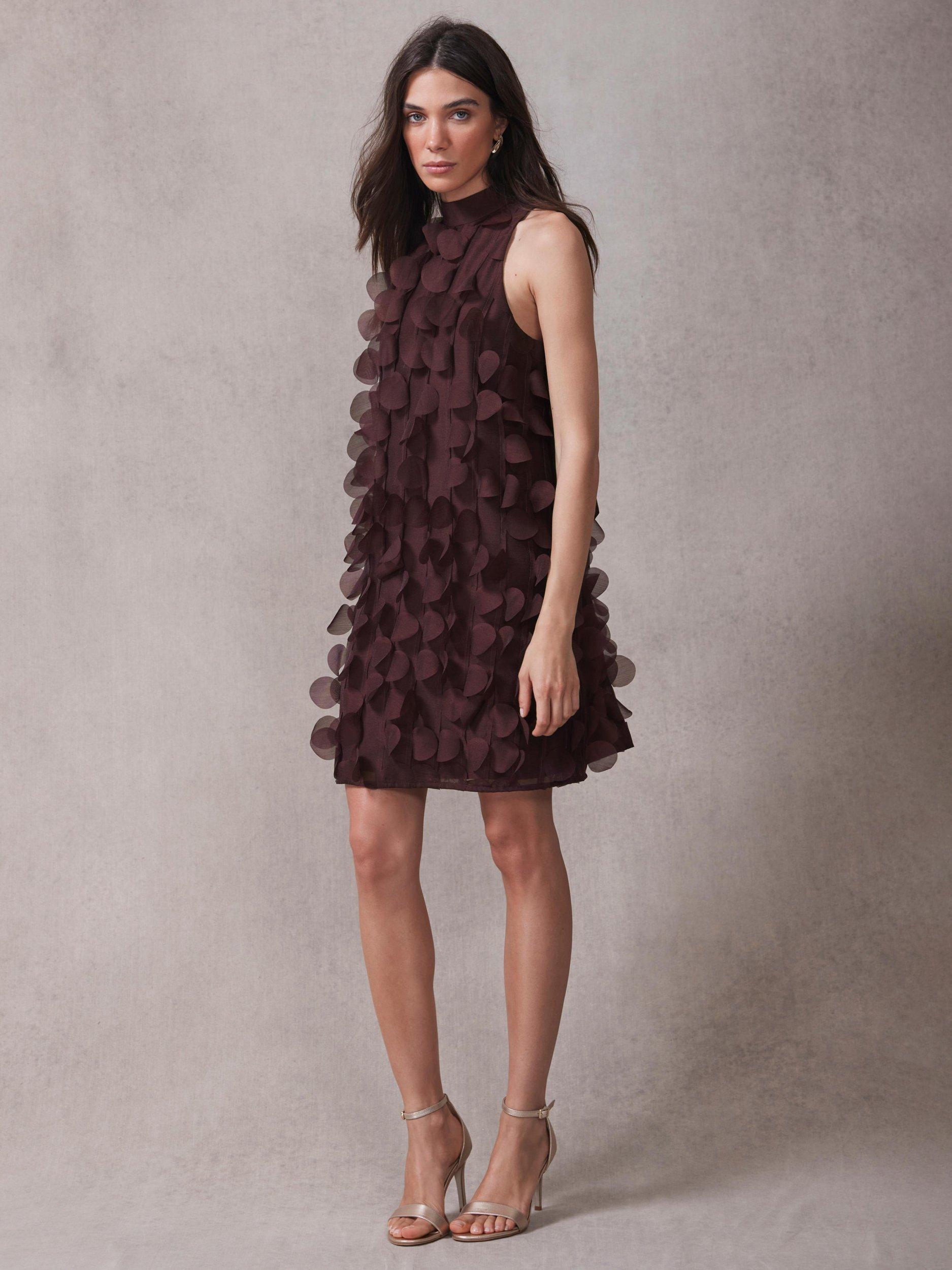 Product image 3 of 8, which shows Mint Velvet Applique Shift Sleeveless Textured Mini Dress, Red Burgundy, 6