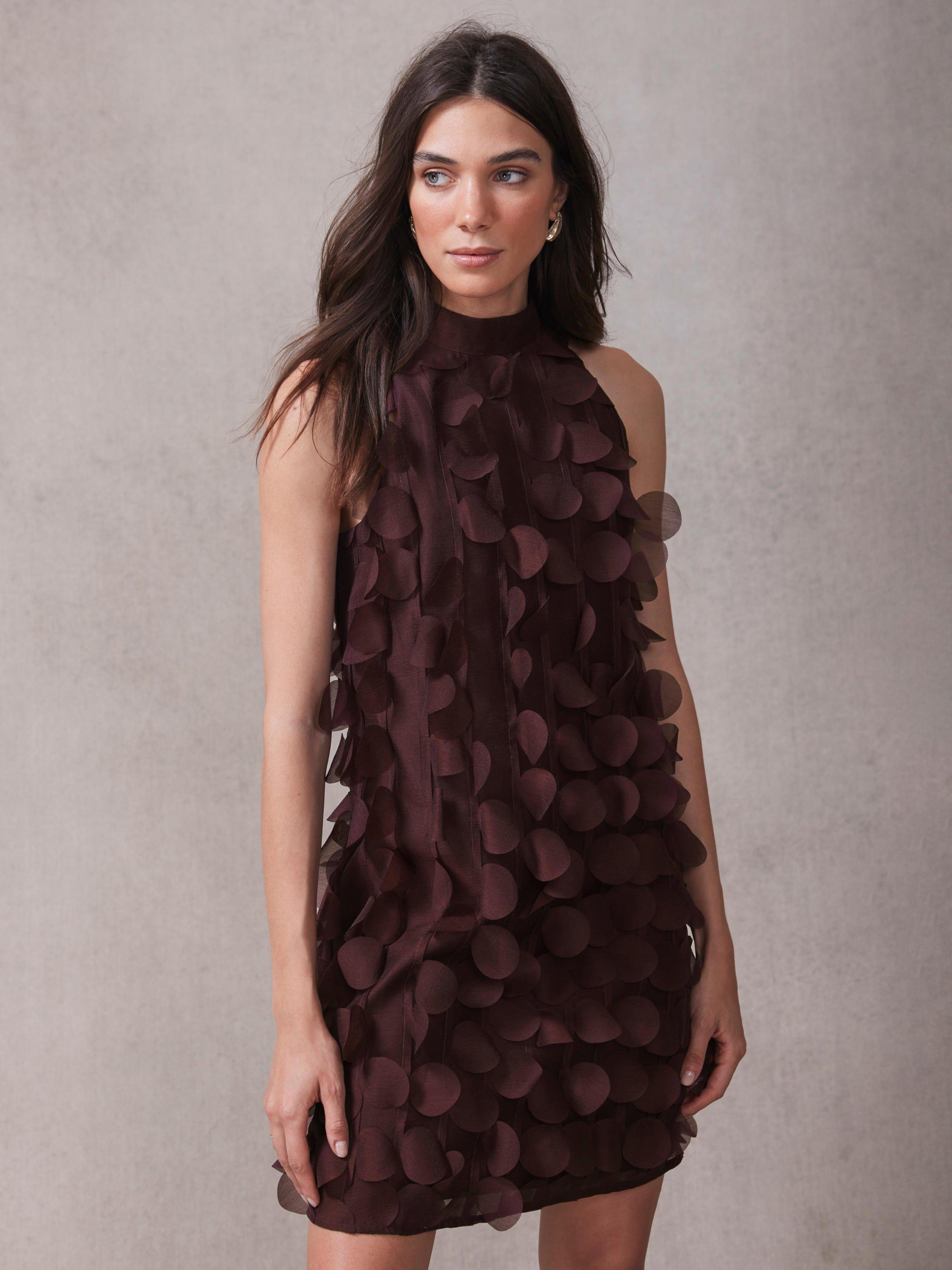 Product image 4 of 8, which shows Mint Velvet Applique Shift Sleeveless Textured Mini Dress, Red Burgundy, 6