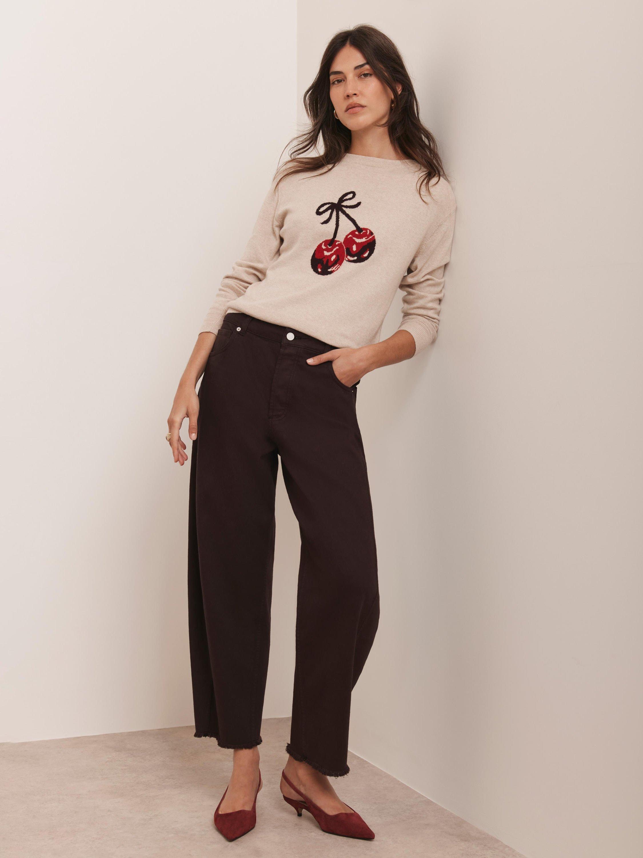 Product image 3 of 7, which shows Mint Velvet Cotton Blend Cherry Print Knit Jumper, Natural, M