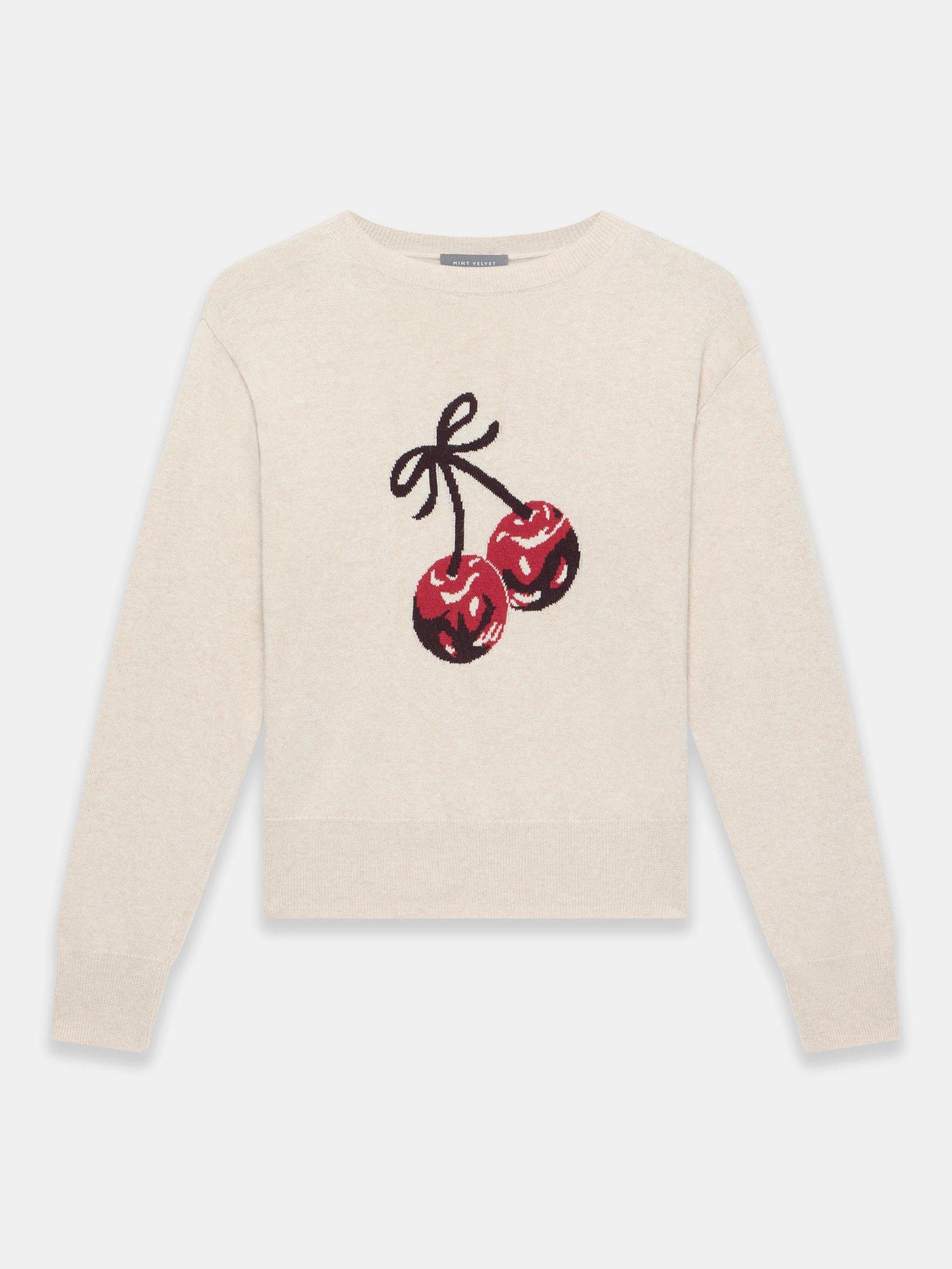 Product image 6 of 7, which shows Mint Velvet Cotton Blend Cherry Print Knit Jumper, Natural, M
