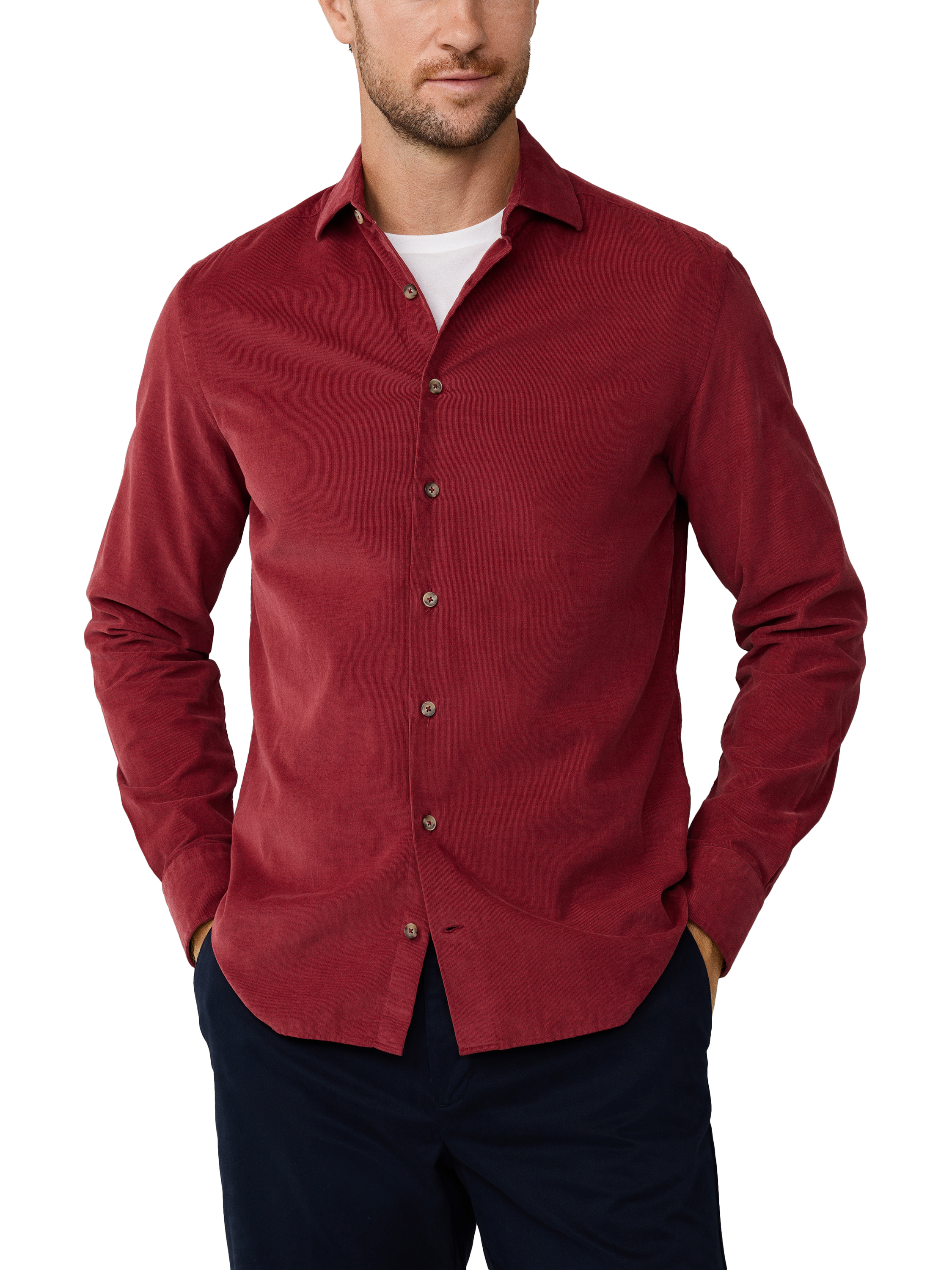 Product image 1 of 7, which shows Hackett London Fine Needle Corduroy Shirt, Burnt Red, L