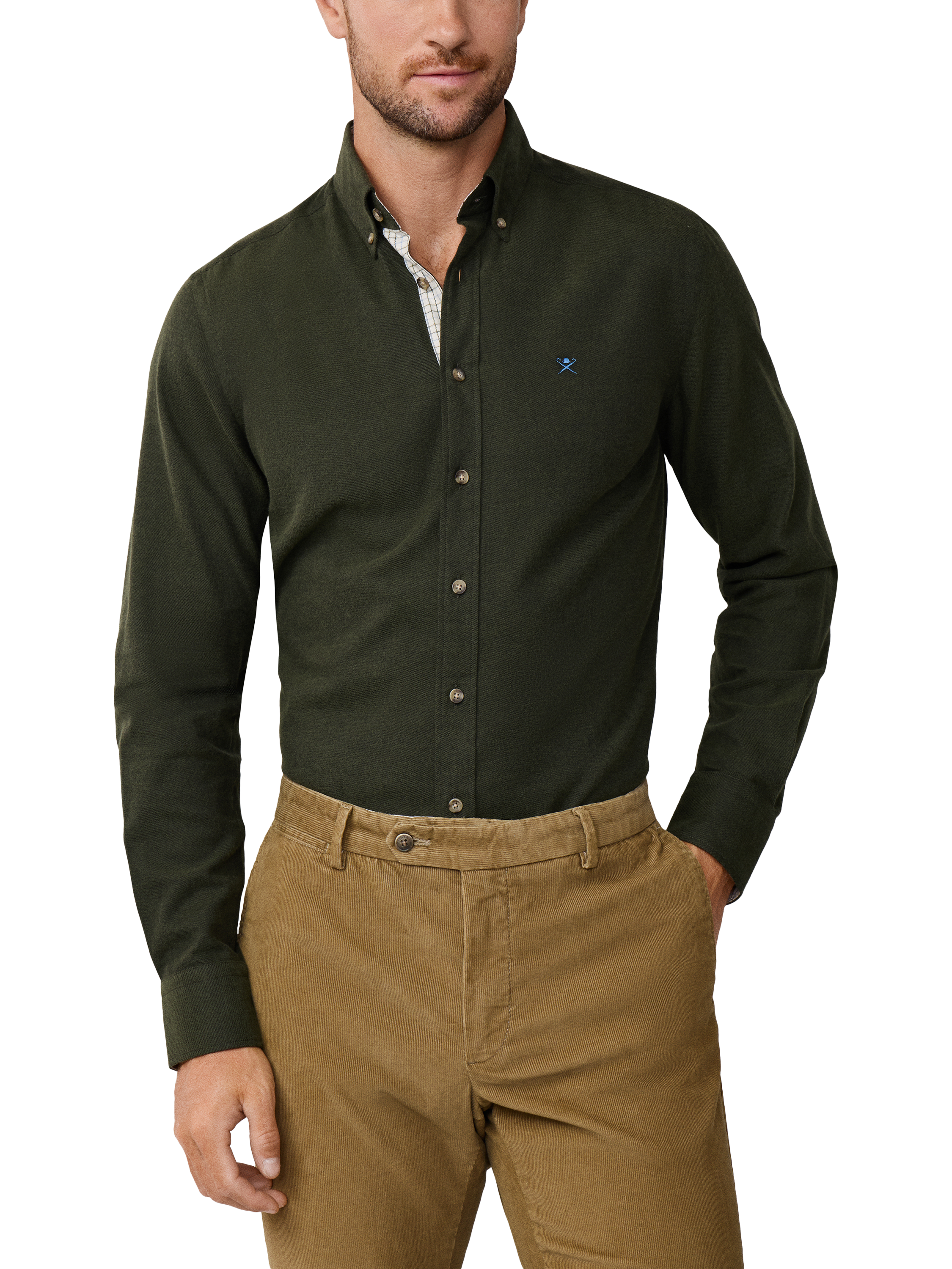 Product image 1 of 7, which shows Hackett London Cotton Long Sleeve Collar Shirt, Cargo Green, XXL