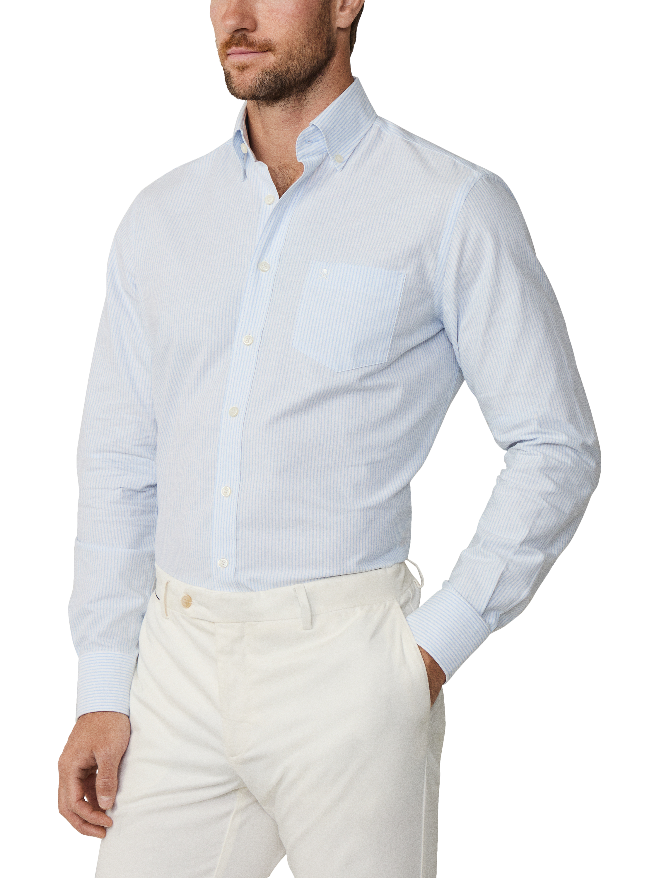 Product image 6 of 8, which shows Hackett London Tailored Fit Button Down Collar Stripe Shirt, Sky Blue, XL