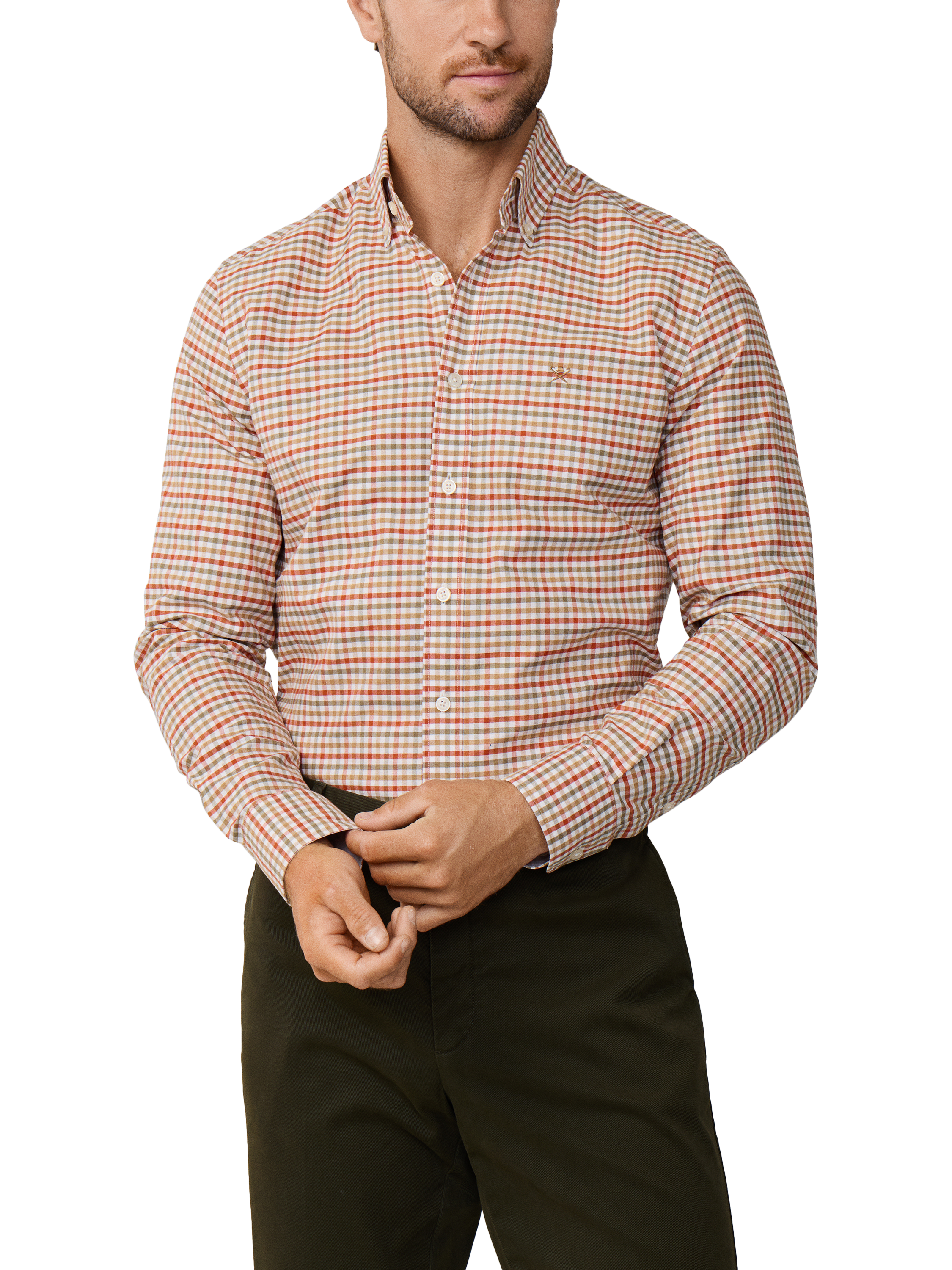 Product image 1 of 7, which shows Hackett London Tailored Fit Button Down Collar Check Cotton Shirt, Green, XXL