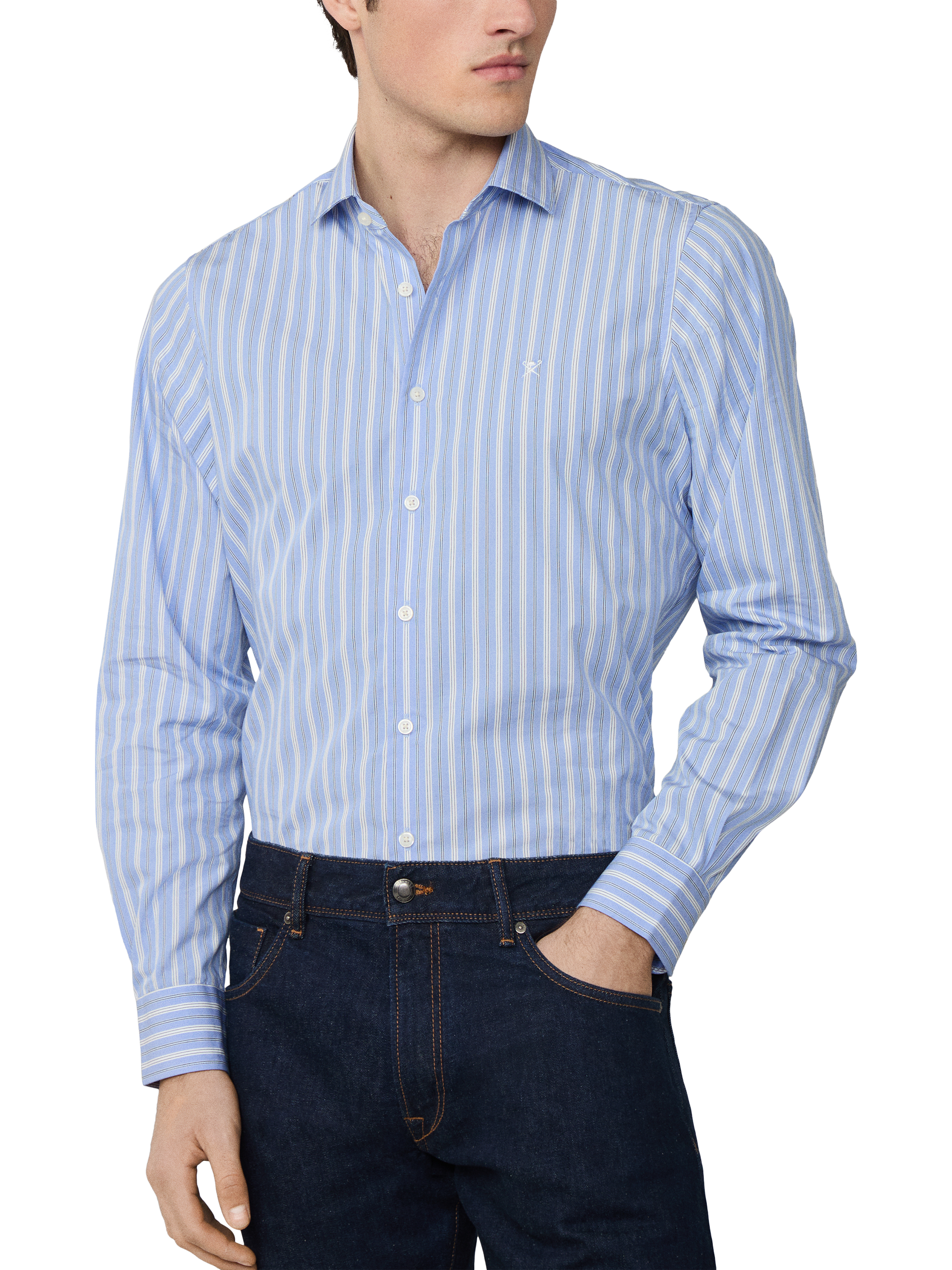 Product image 1 of 5, which shows Hackett London Cotton Regular Fit Stripe Shirt, Blue/White, L
