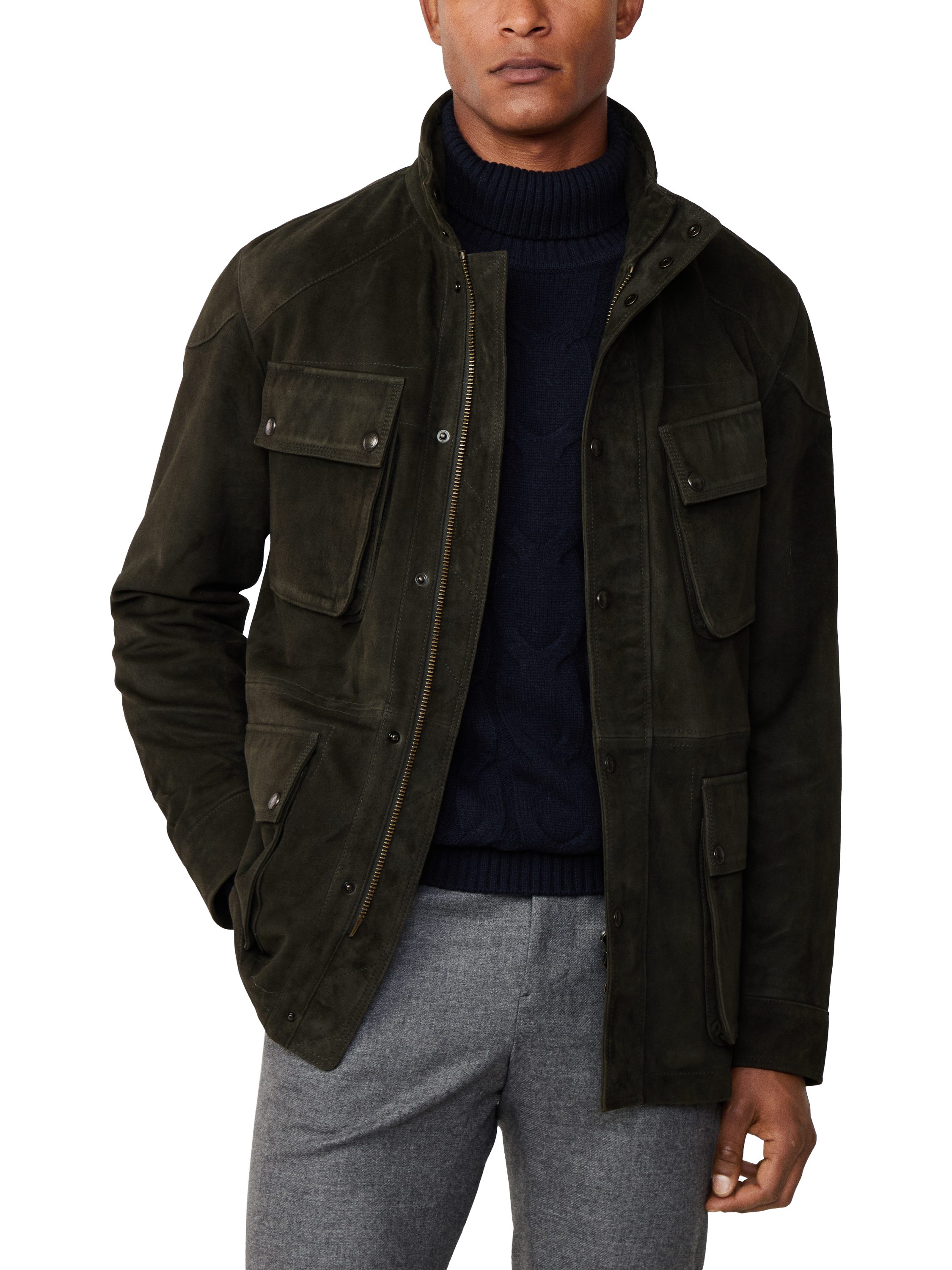 Product image 1 of 8, which shows Hackett London Suede Four Pocket Velospeed Jacket, Forest Night Green, XXXL