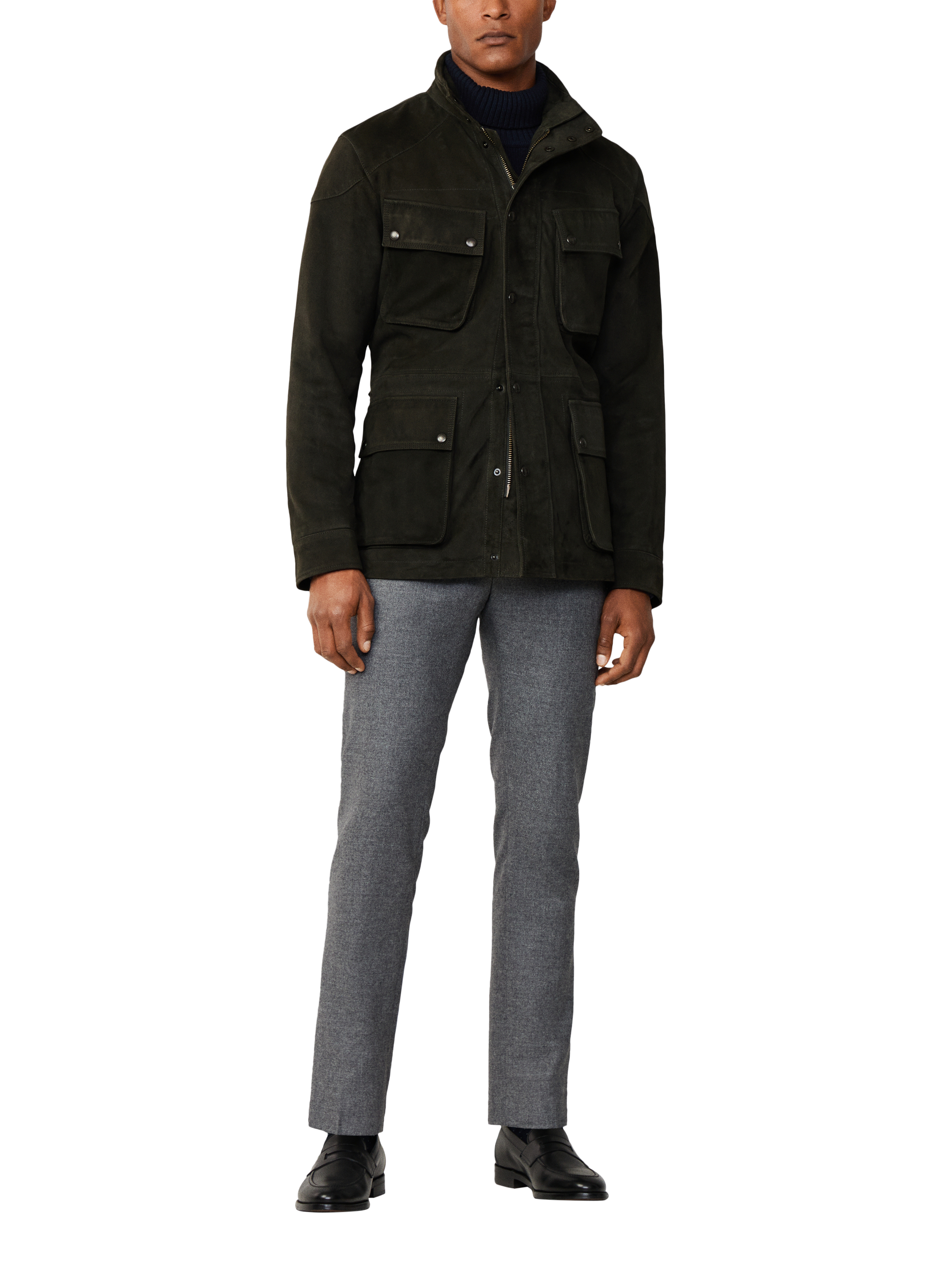 Product image 2 of 8, which shows Hackett London Suede Four Pocket Velospeed Jacket, Forest Night Green, XXXL