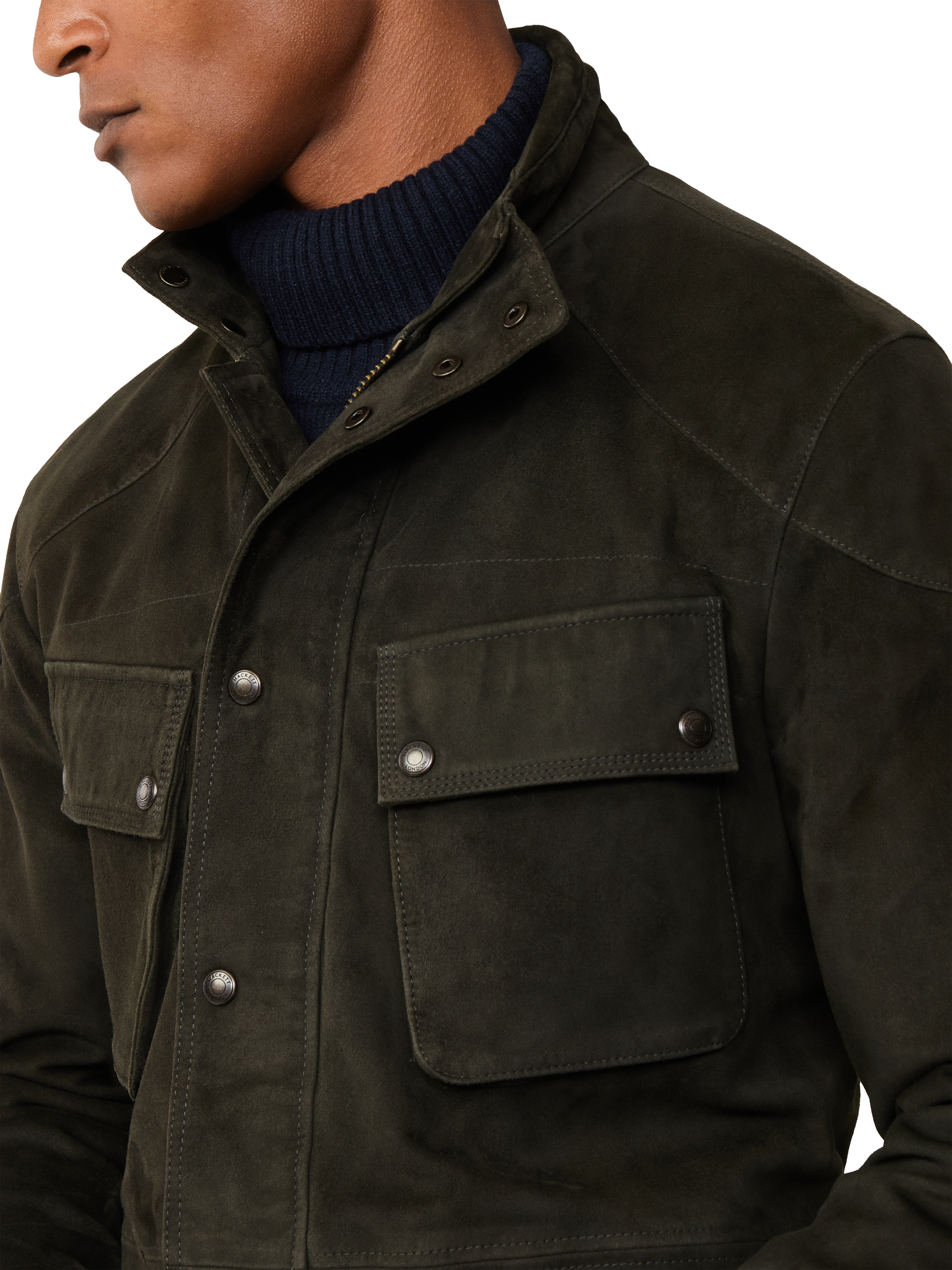 Product image 5 of 8, which shows Hackett London Suede Four Pocket Velospeed Jacket, Forest Night Green, XXXL