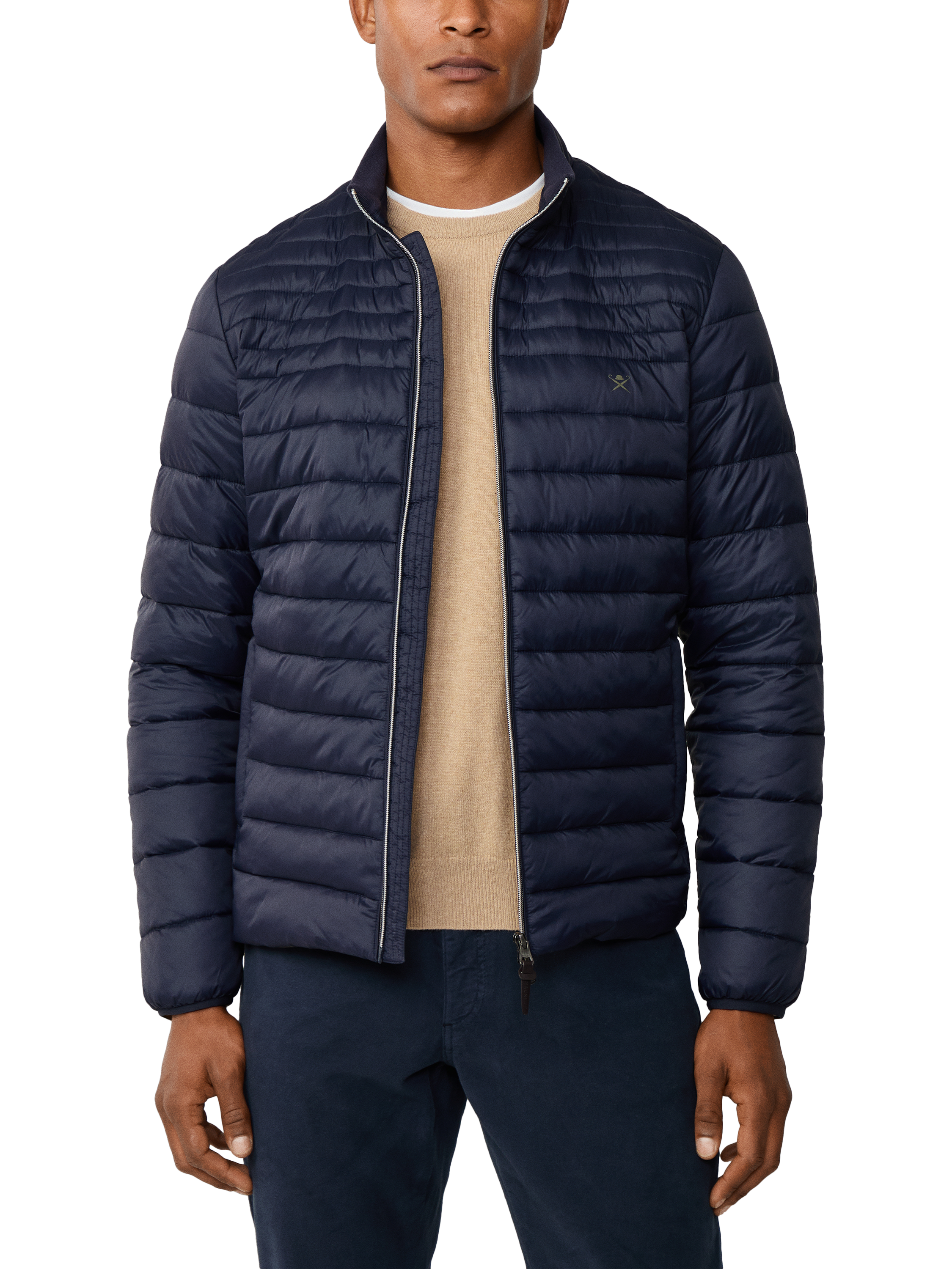 Product image 1 of 8, which shows Hackett London Ultra Lightweight Moto Quilted Zip Front Jacket, Midnight Blue, XXL