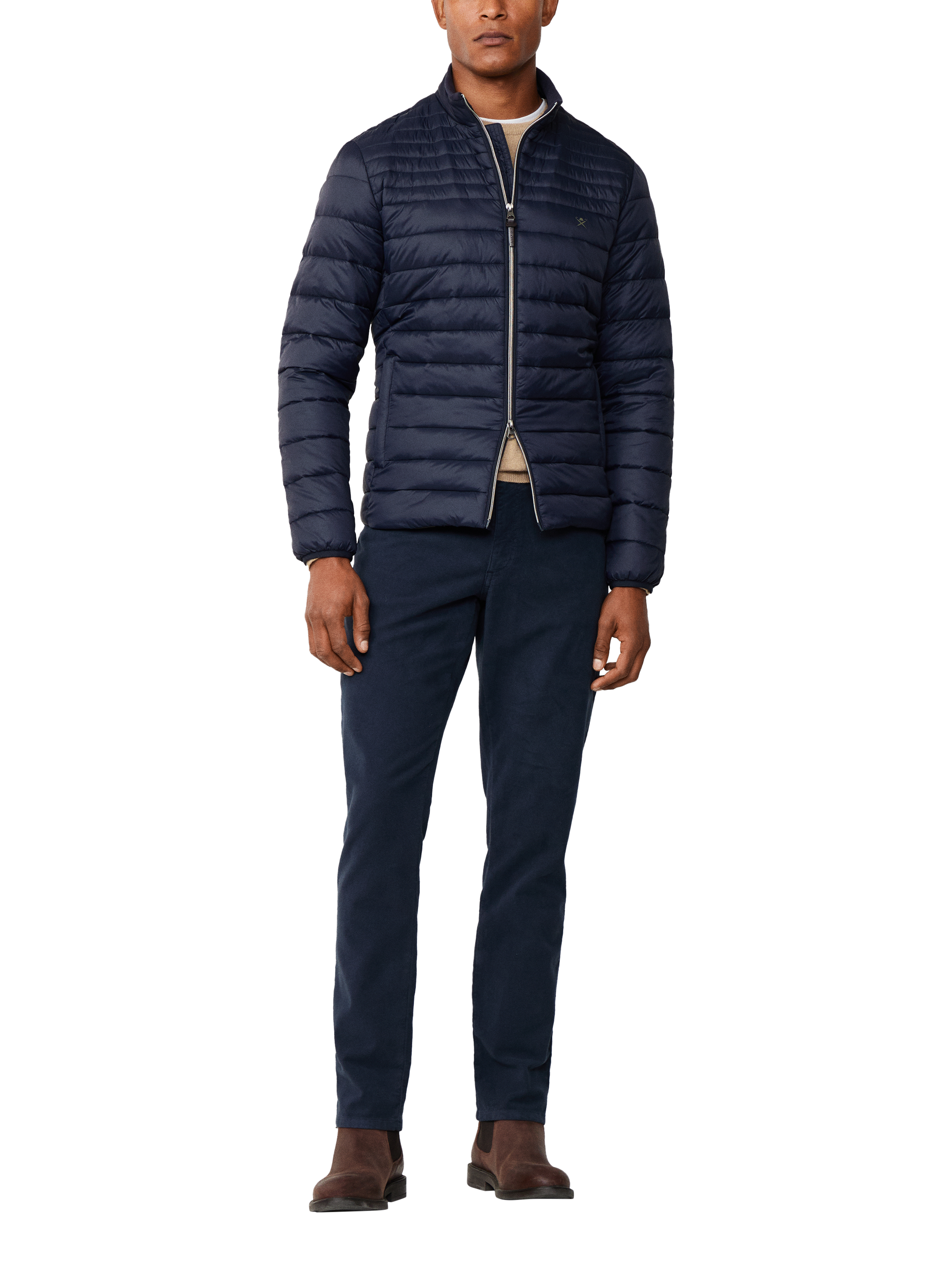 Product image 2 of 8, which shows Hackett London Ultra Lightweight Moto Quilted Zip Front Jacket, Midnight Blue, XXL