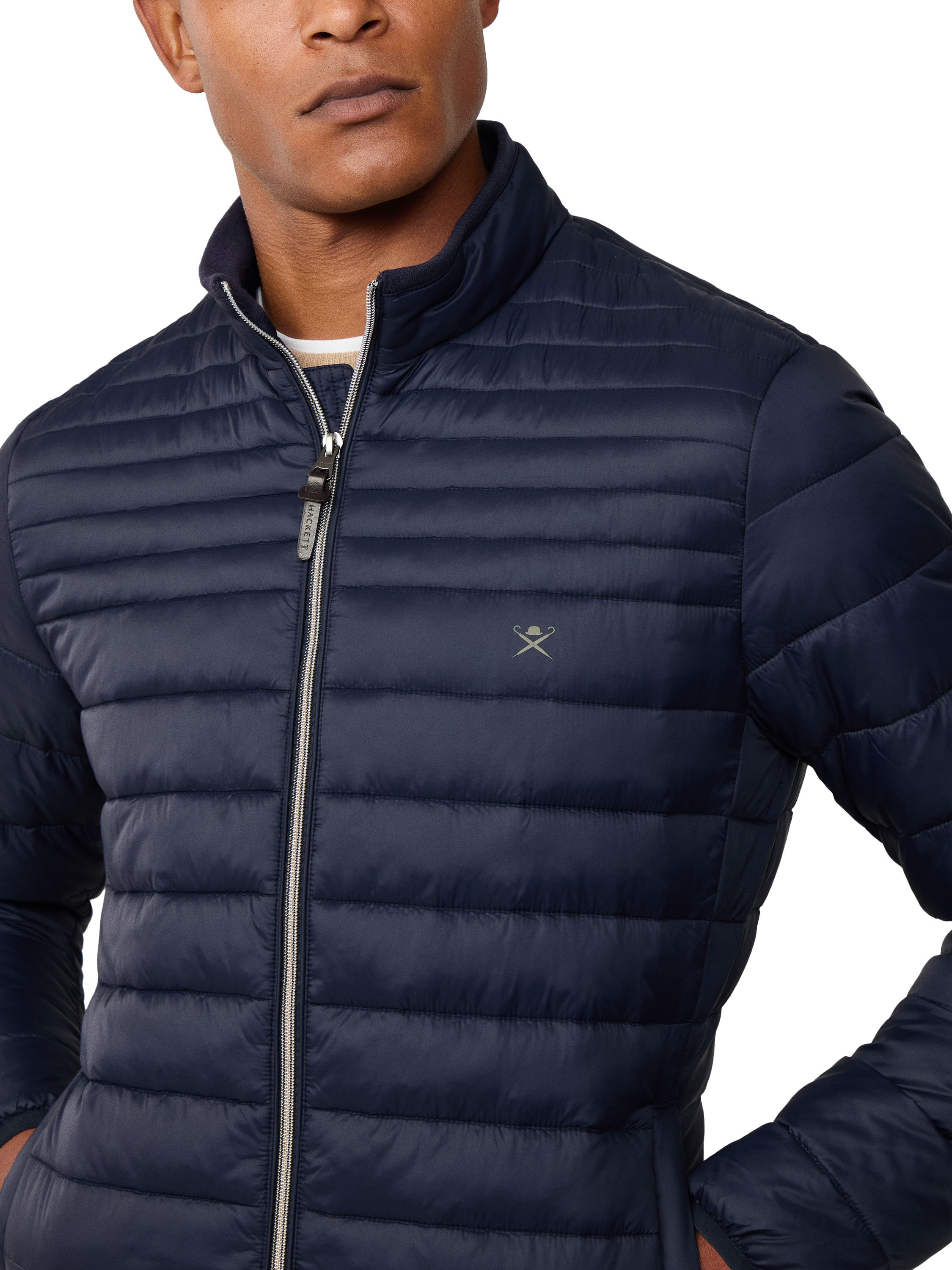 Product image 4 of 8, which shows Hackett London Ultra Lightweight Moto Quilted Zip Front Jacket, Midnight Blue, XXL