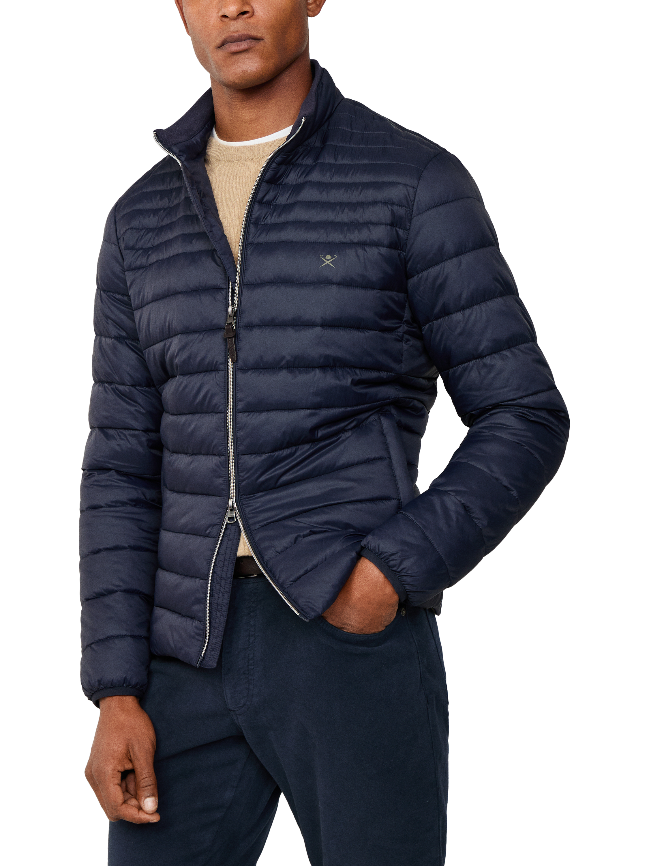 Product image 6 of 8, which shows Hackett London Ultra Lightweight Moto Quilted Zip Front Jacket, Midnight Blue, XXL