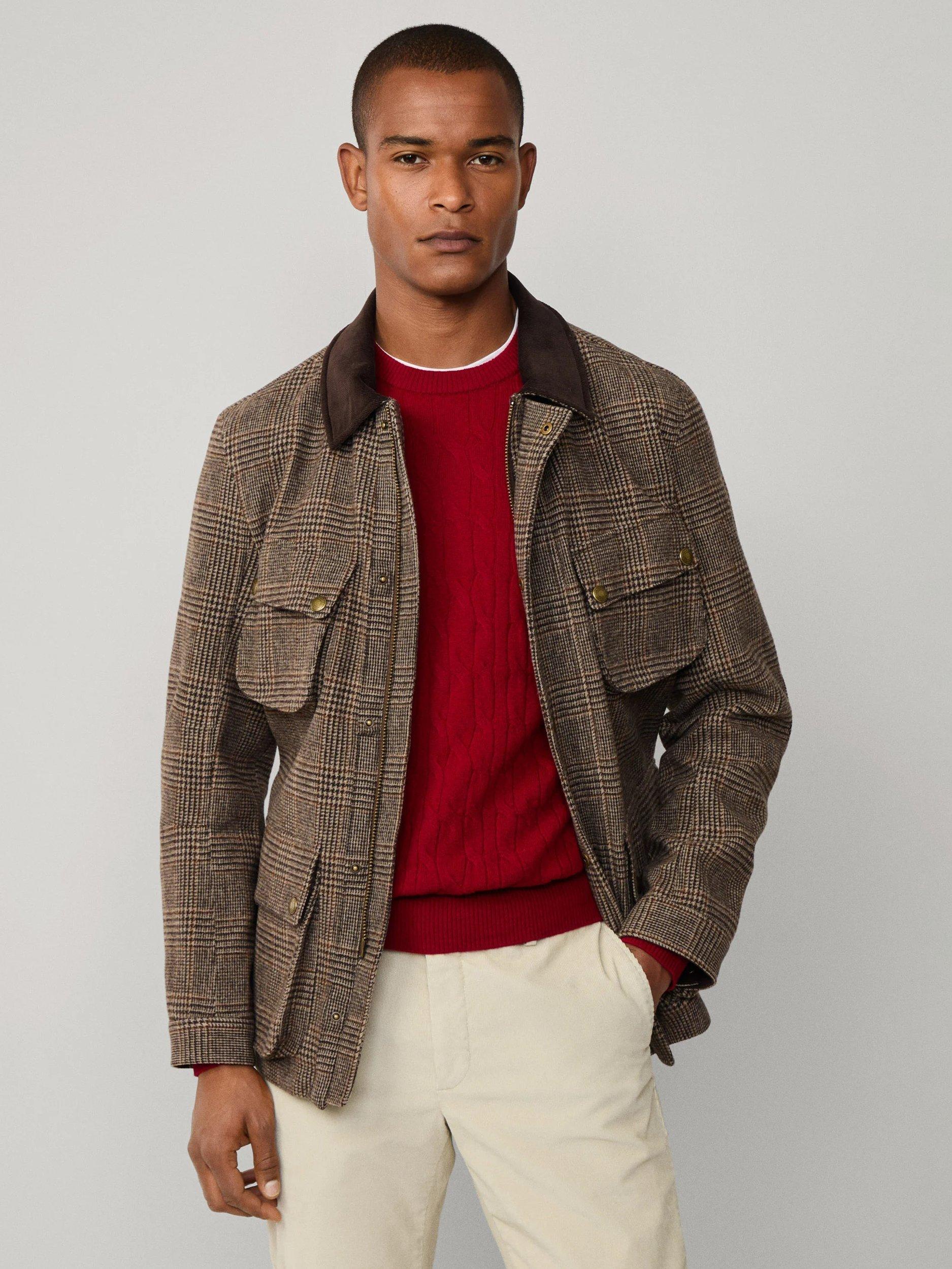 Product image 6 of 9, which shows Hackett London Wool Blend Check Coat, Camel Beige, XXL