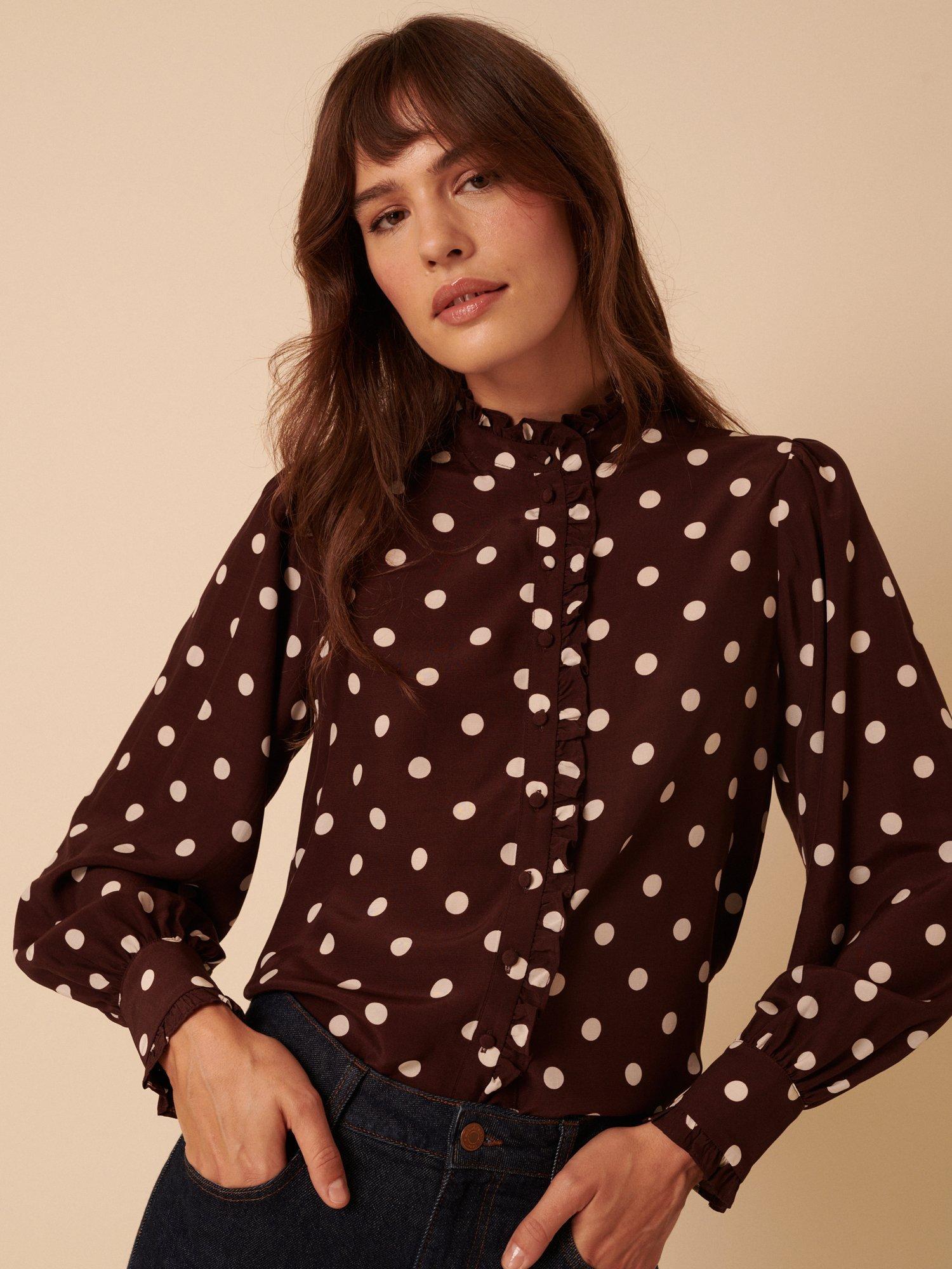 Product image 2 of 5, which shows Nobody's Child Bronte Spot Ruffle Blouse containing LENZING™ ECOVERO™ Viscose, Brown, 10