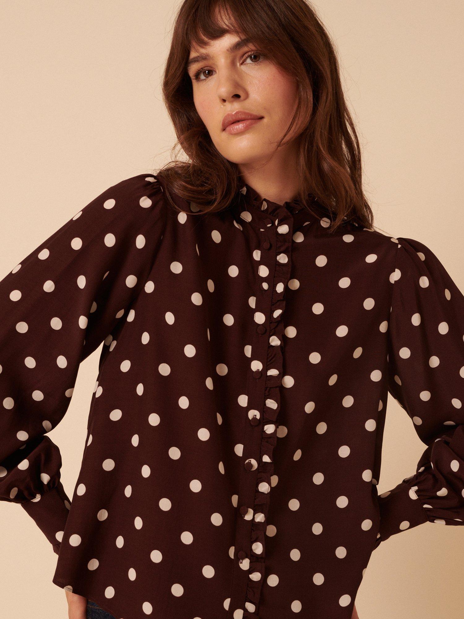 Product image 3 of 5, which shows Nobody's Child Bronte Spot Ruffle Blouse containing LENZING™ ECOVERO™ Viscose, Brown, 10