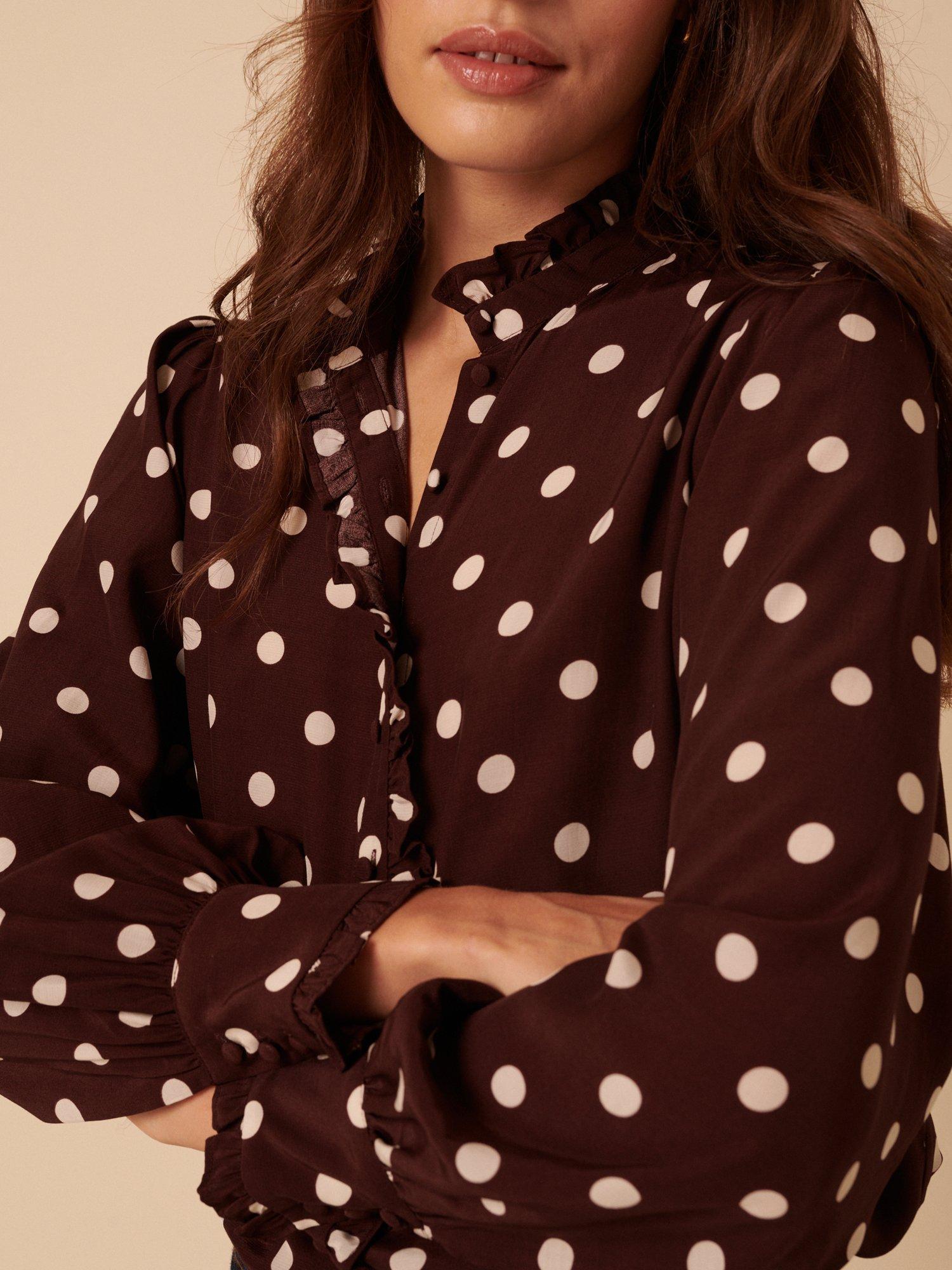 Product image 4 of 5, which shows Nobody's Child Bronte Spot Ruffle Blouse containing LENZING™ ECOVERO™ Viscose, Brown, 10