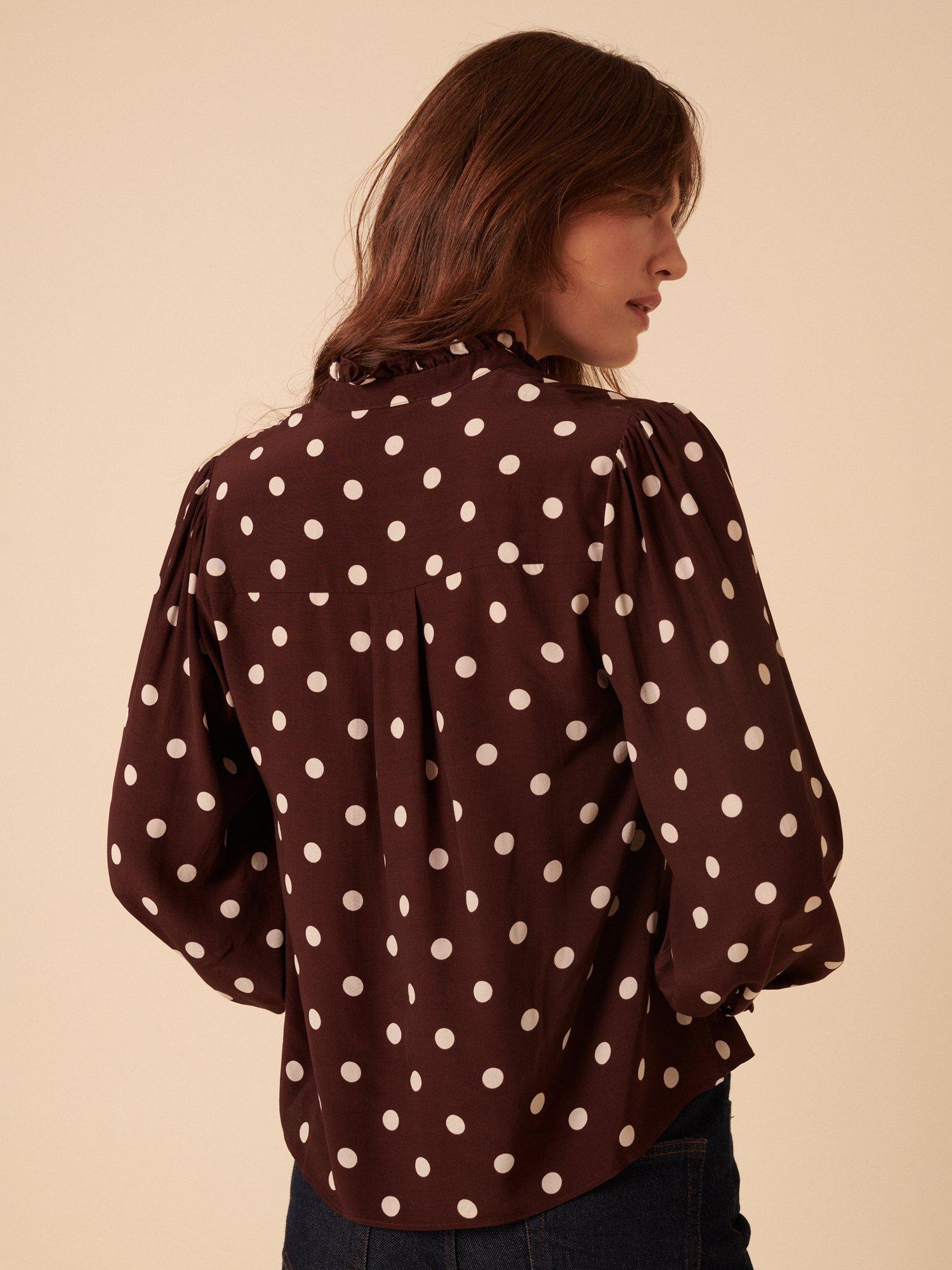 Product image 5 of 5, which shows Nobody's Child Bronte Spot Ruffle Blouse containing LENZING™ ECOVERO™ Viscose, Brown, 10