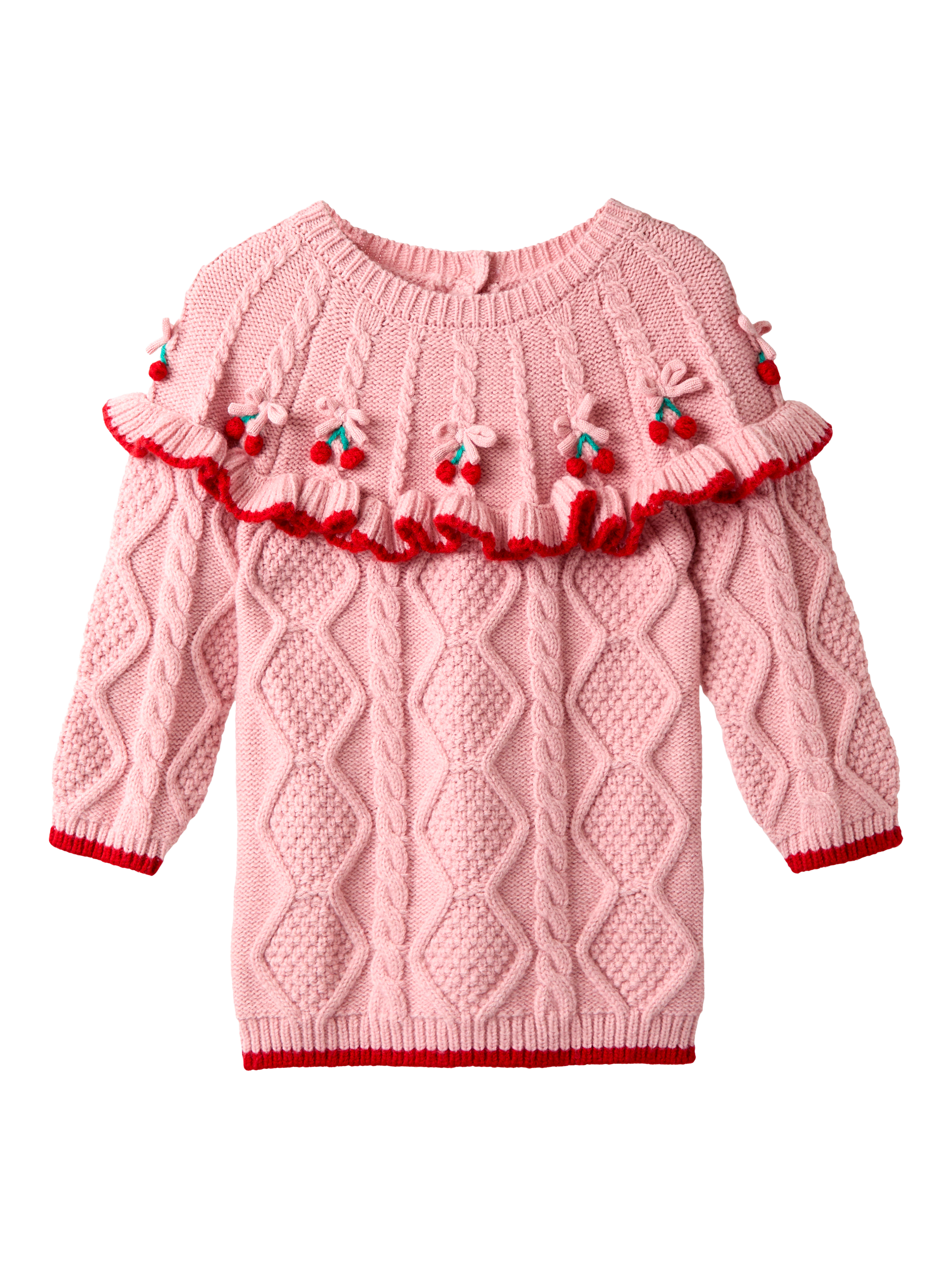 Product image 1 of 3, which shows JoJo Maman Bébé Kids' Cable Knit Cherry Dress, Pink, 5-6 years