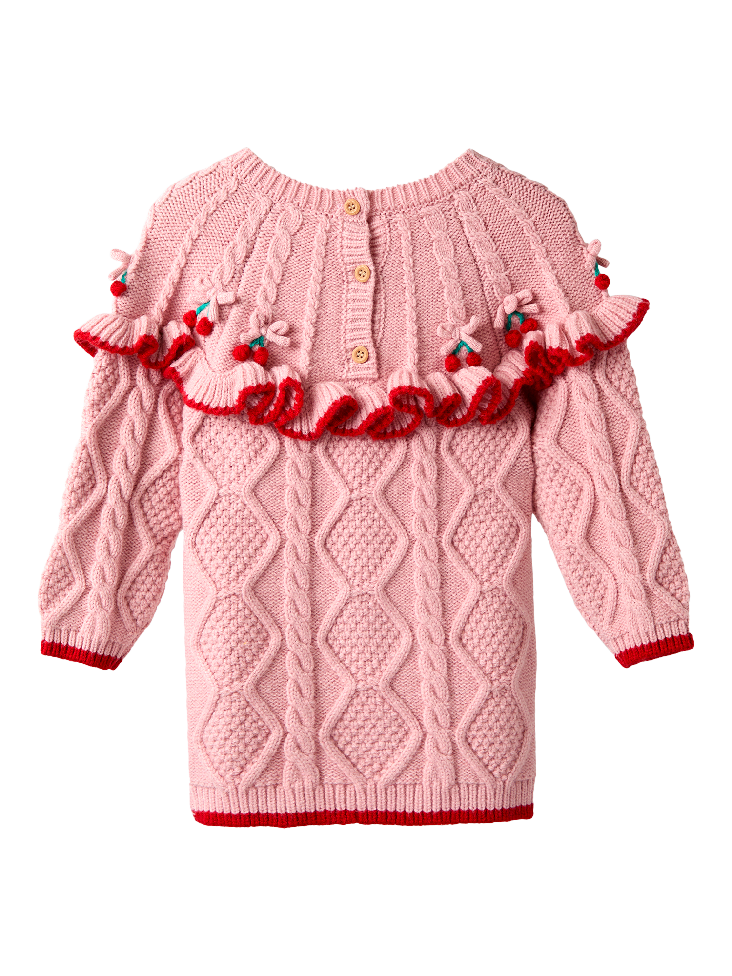 Product image 2 of 3, which shows JoJo Maman Bébé Kids' Cable Knit Cherry Dress, Pink, 5-6 years