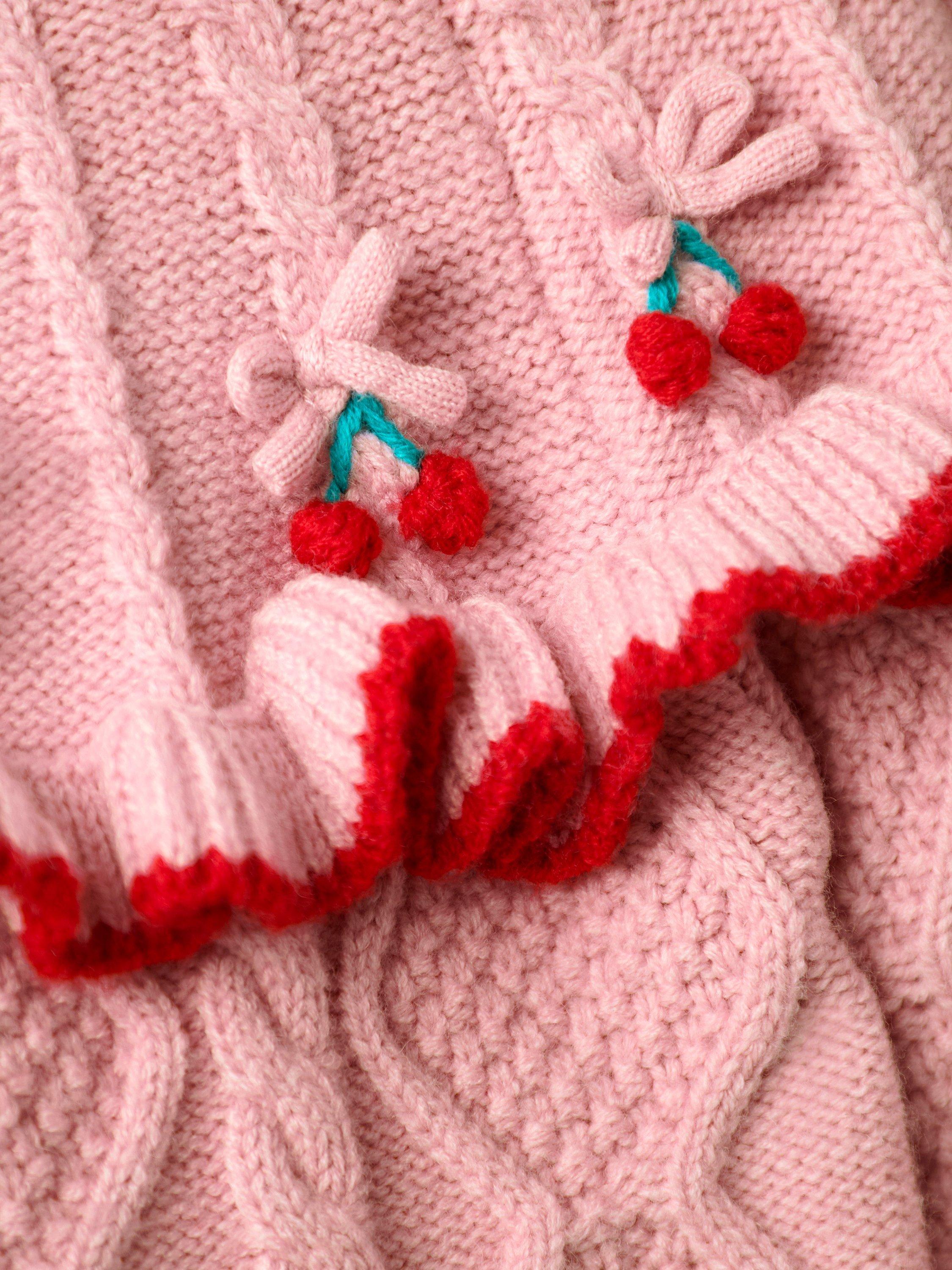 Product image 3 of 3, which shows JoJo Maman Bébé Kids' Cable Knit Cherry Dress, Pink, 5-6 years