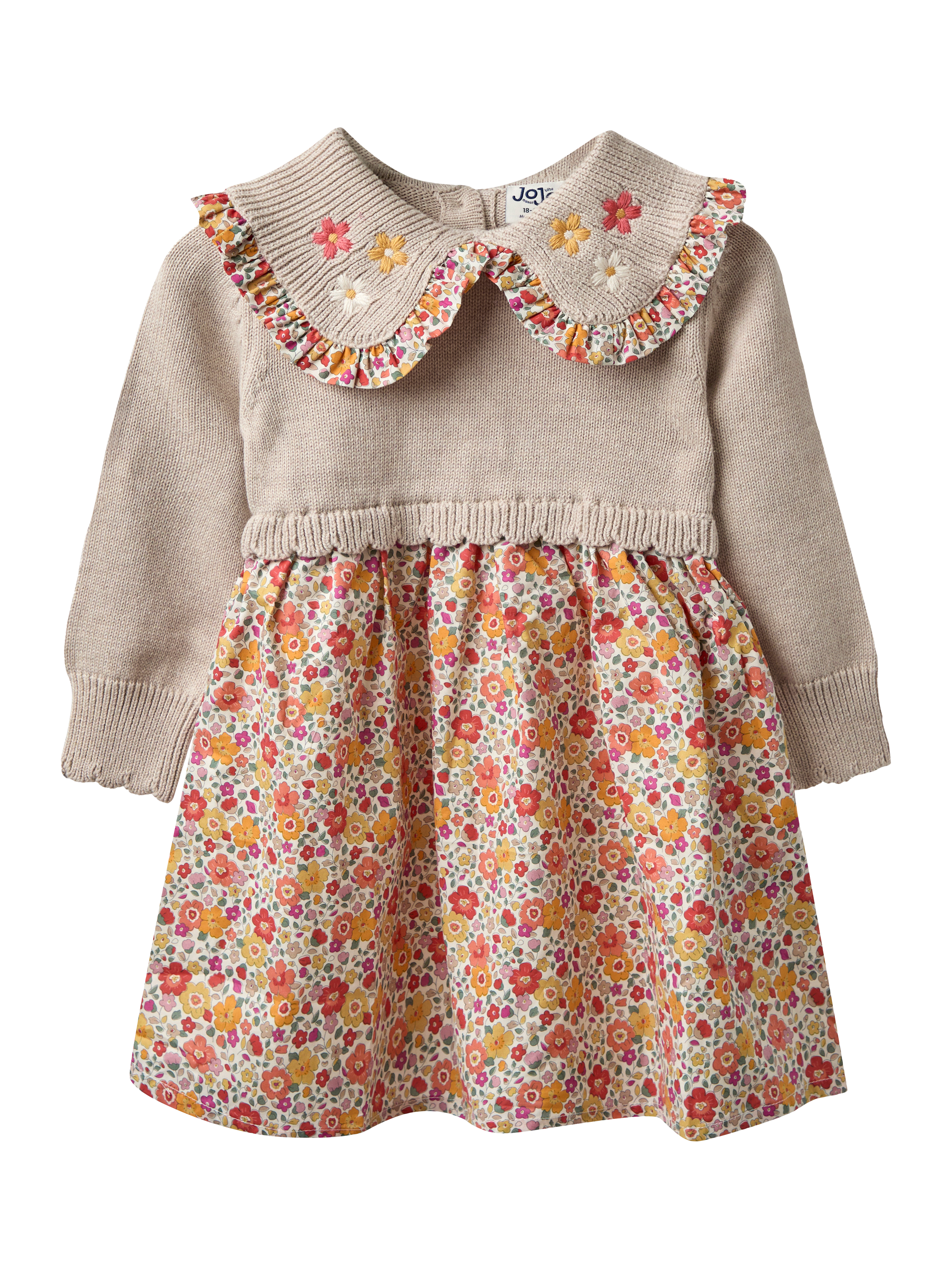 JoJo Maman Bébé Kids' Floral Frill Knitted Combo Dress, Natural/Multi