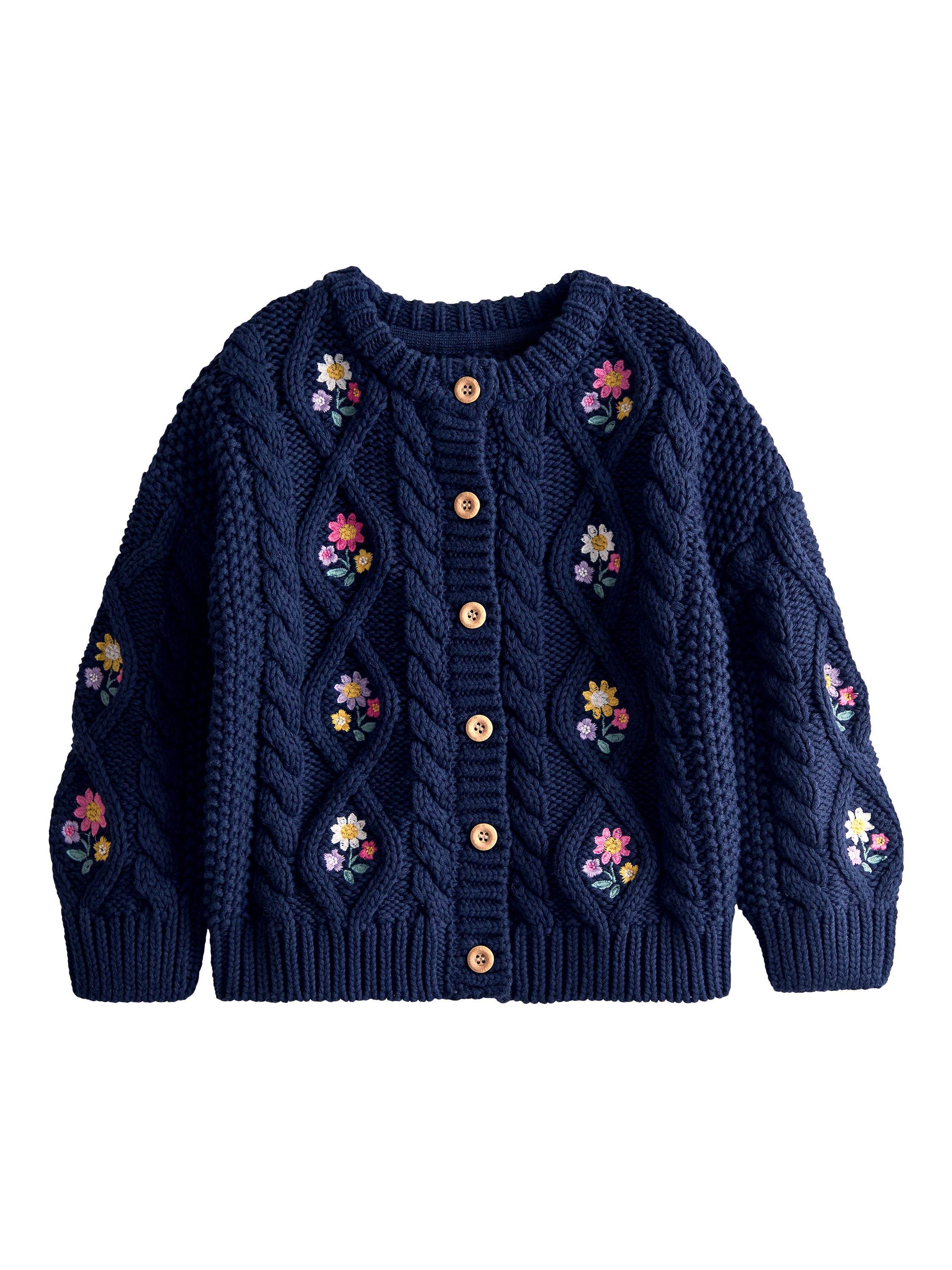 JoJo Maman Bébé Kids' Embroidered Chunky Knit Cardigan, Navy