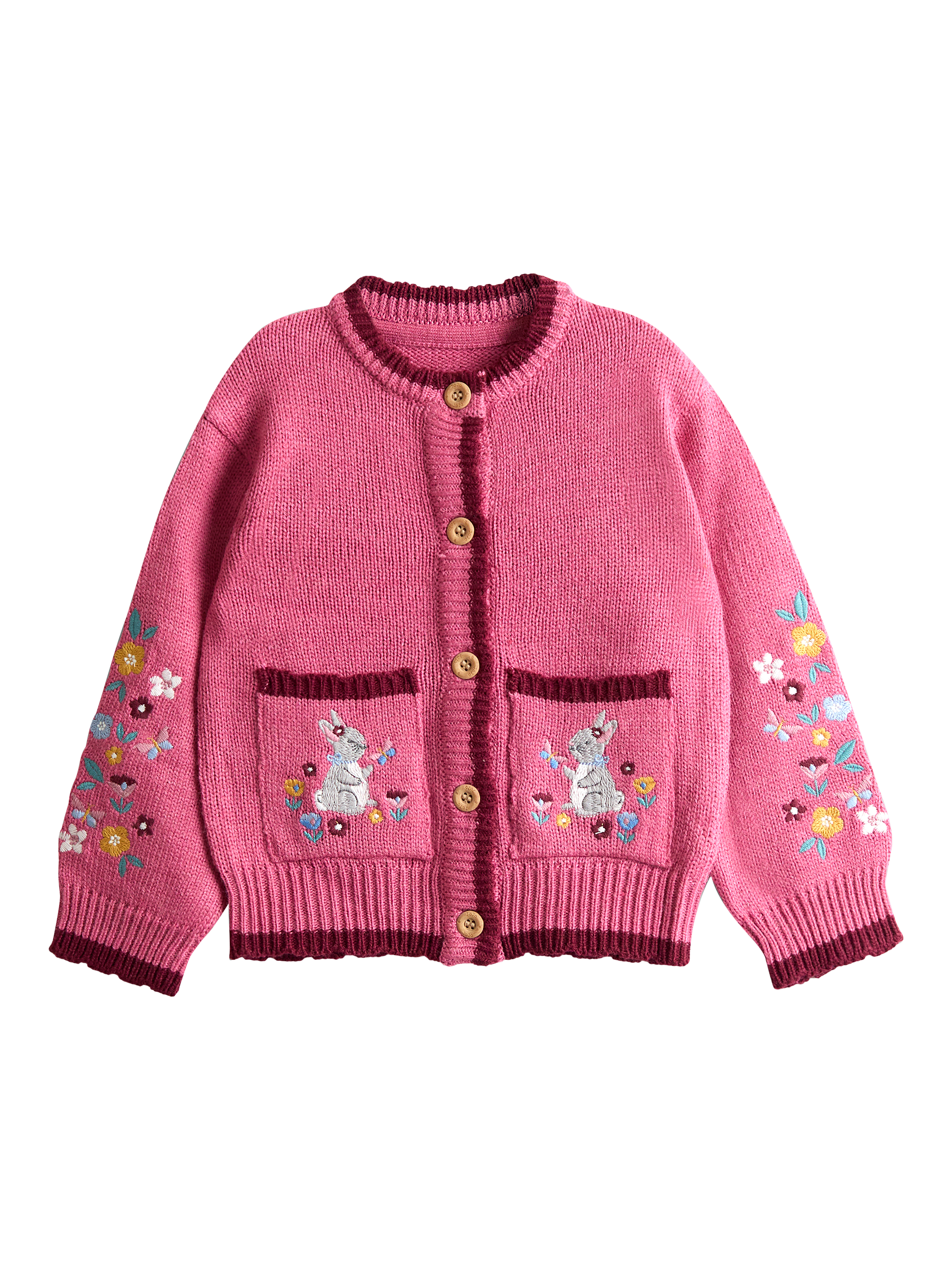 Product image 1 of 4, which shows JoJo Maman Bébé Kids'  Wool Blend Rabbit Cardigan, Rose, 6-12 months