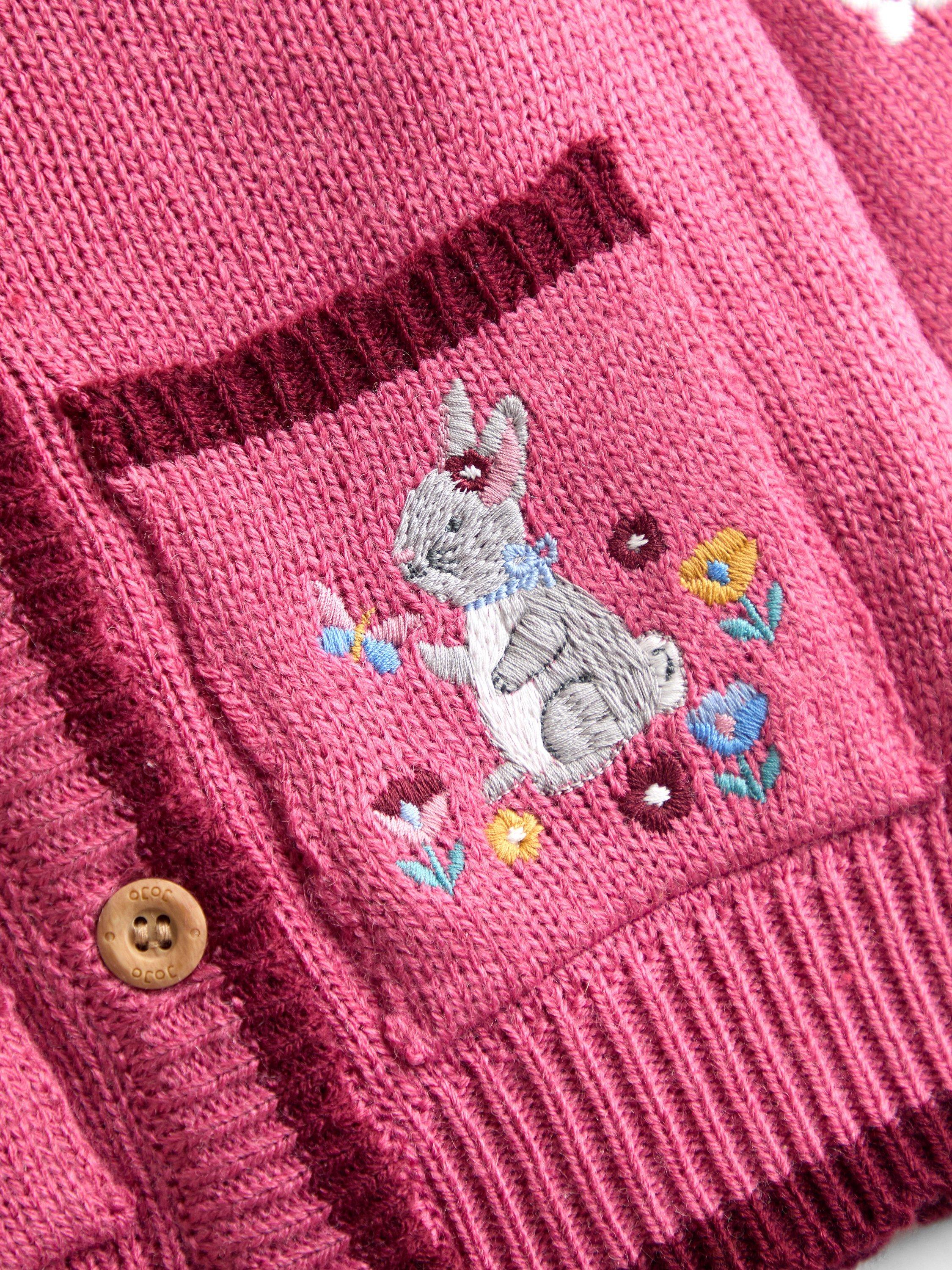 Product image 4 of 4, which shows JoJo Maman Bébé Kids'  Wool Blend Rabbit Cardigan, Rose, 6-12 months