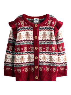 JoJo Maman Bébé Kids' Reindeer Fair Isle Frill Cardigan, Multi, Multi