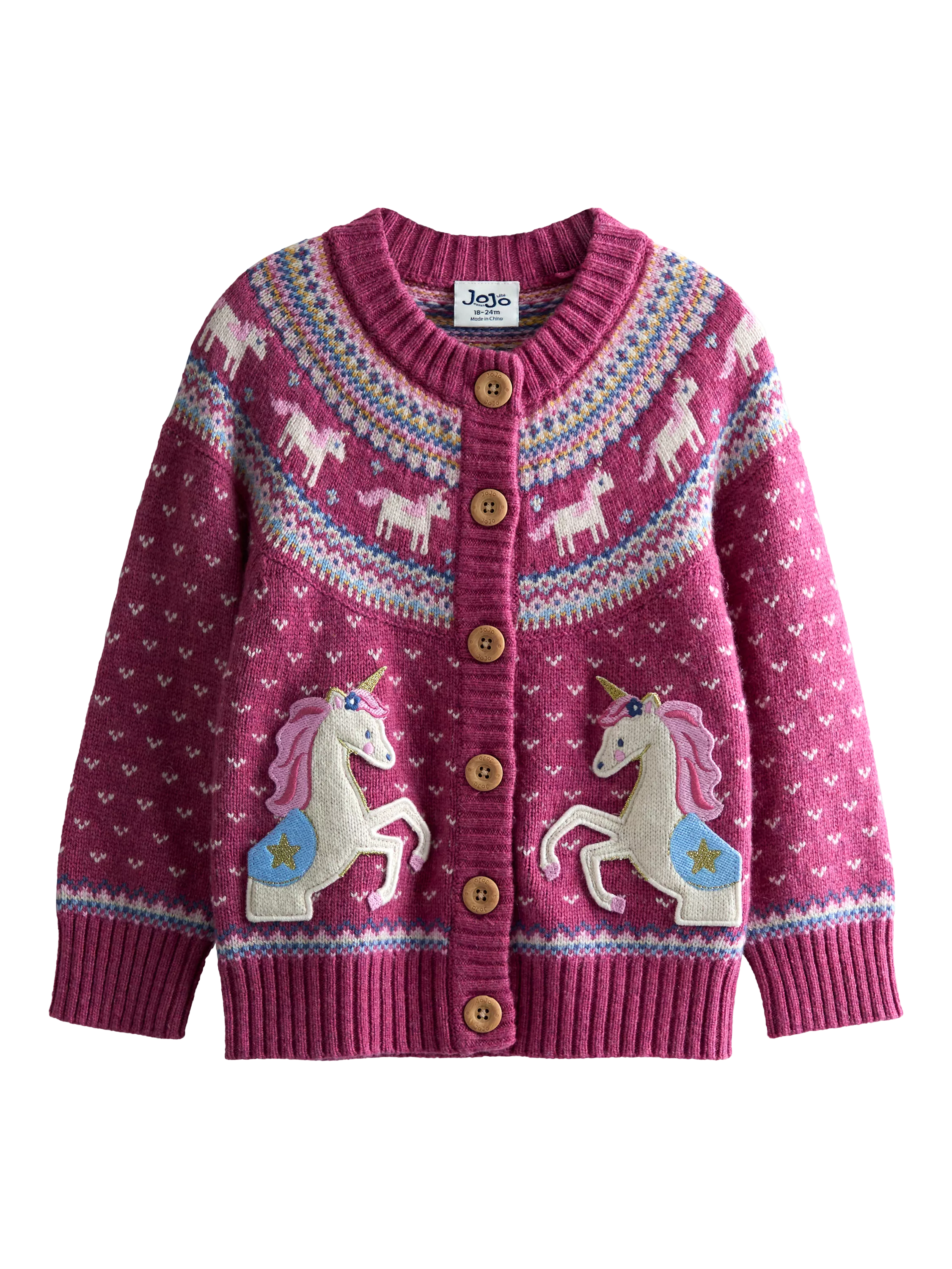 JoJo Maman Bébé Kids' Fairisle Unicorn Appliqué Pocket Cardigan, Rose